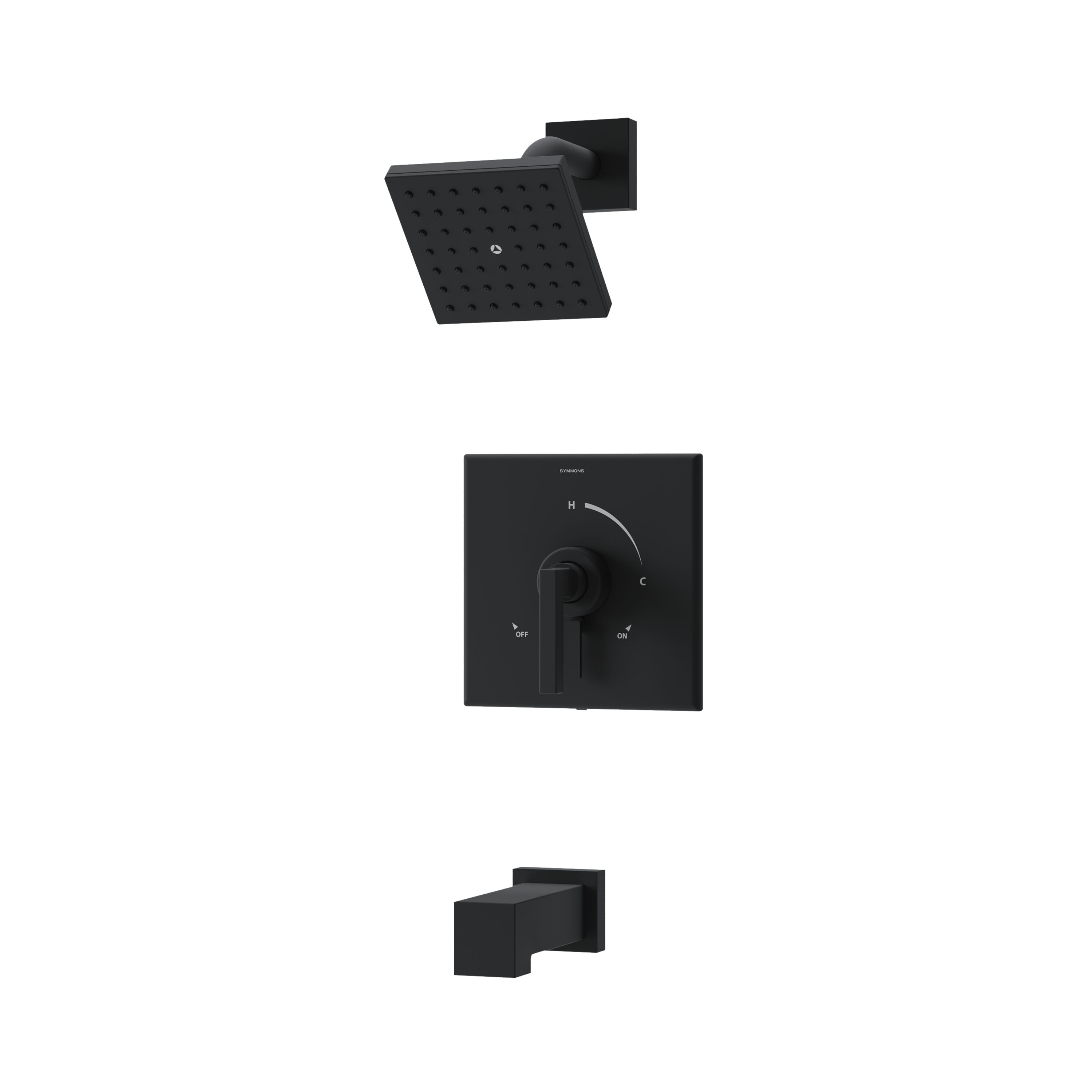 Llave de bañera y regadera de una sola función de 4.92 pulgadas cuadradas, acabado negro mate, marca Symmons Duro