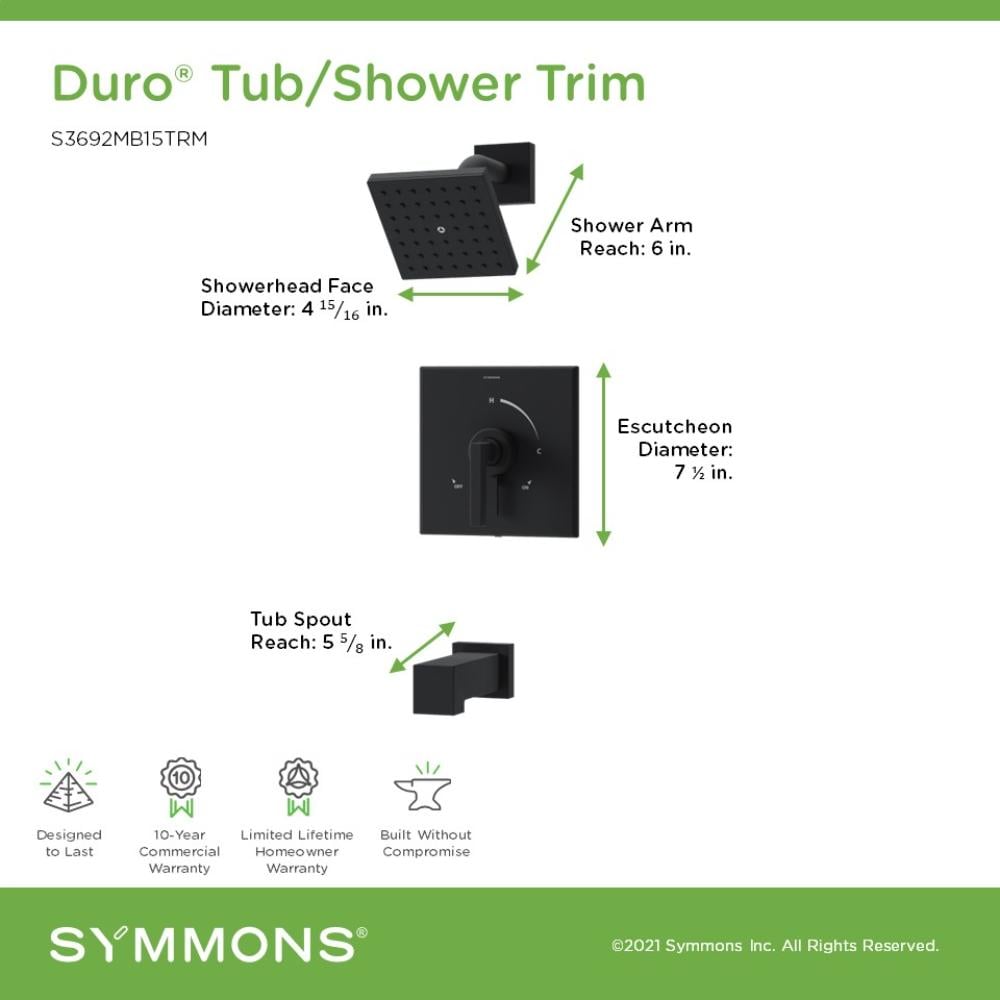 Llave de bañera y regadera de una sola función de 4.92 pulgadas cuadradas, acabado negro mate, marca Symmons Duro