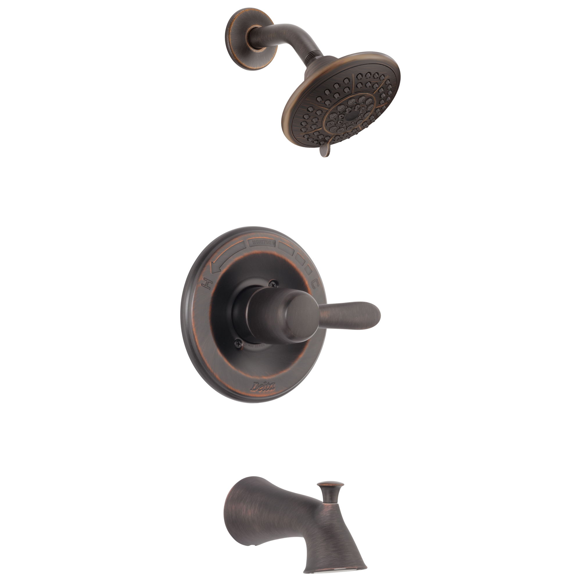 Grifo de bañera y ducha redondo de 1 manija en bronce veneciano de 3.375 pulgadas multi-función Delta Lahara T14438-RB
