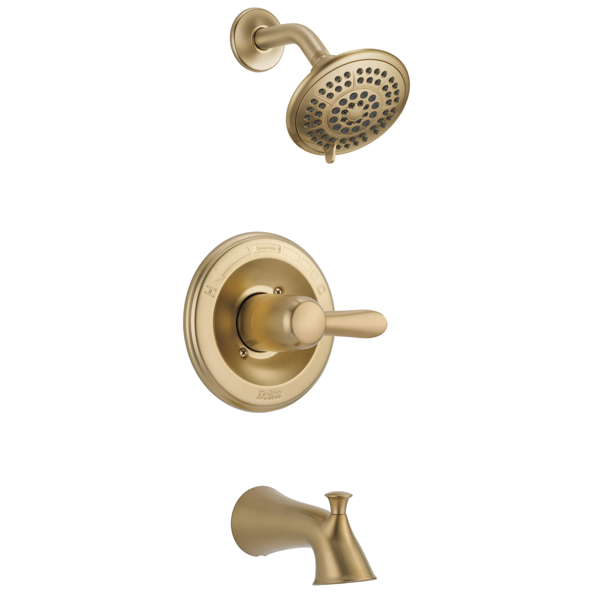 Grifo de bañera y ducha de una sola manija y función múltiple en bronce champagne Delta Lahara de 3.375 pulgadas de diámetro.