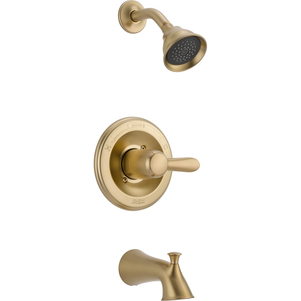 Grifo de bañera y ducha de una sola manija y función múltiple en bronce champagne Delta Lahara de 3.375 pulgadas de diámetro.