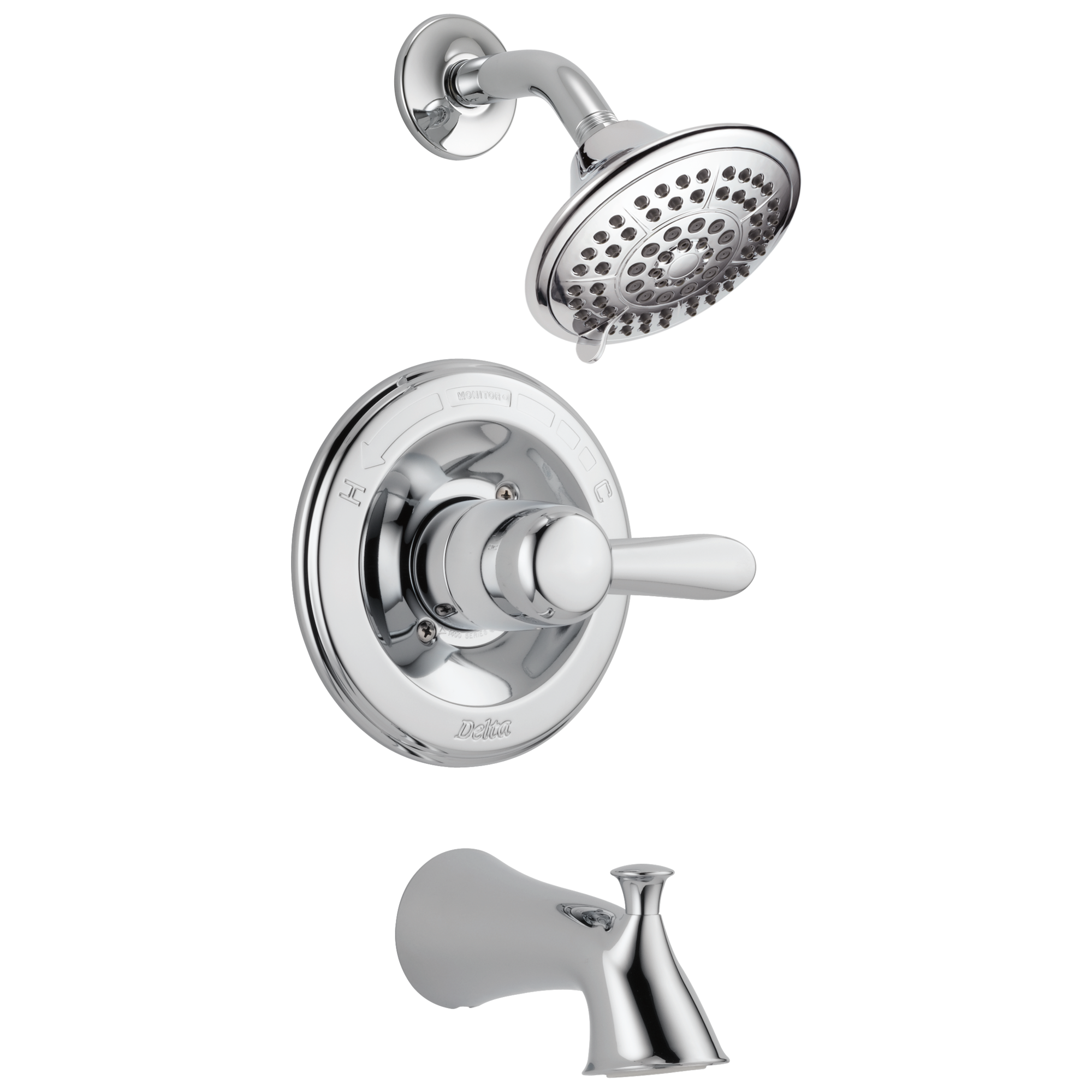 Grifo de Bañera y Ducha Redondo de Funciones Múltiples de 1 Mango Chrome Delta Lahara T14438 de 3.375 pulgadas