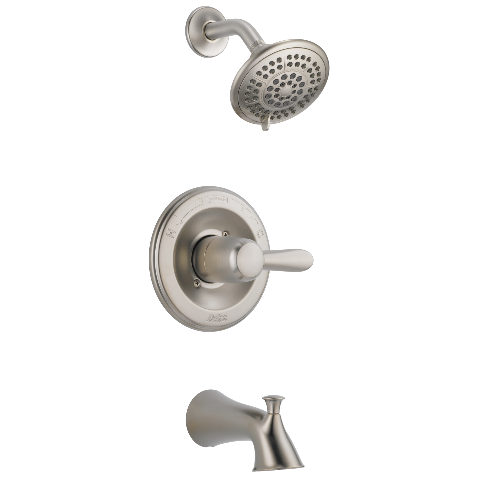 Grifo de Bañera y Ducha Redondo de Acero Inoxidable de un Maneral y Función Múltiple Lahara Delta 3.3750 pulgadas T14438-SS.