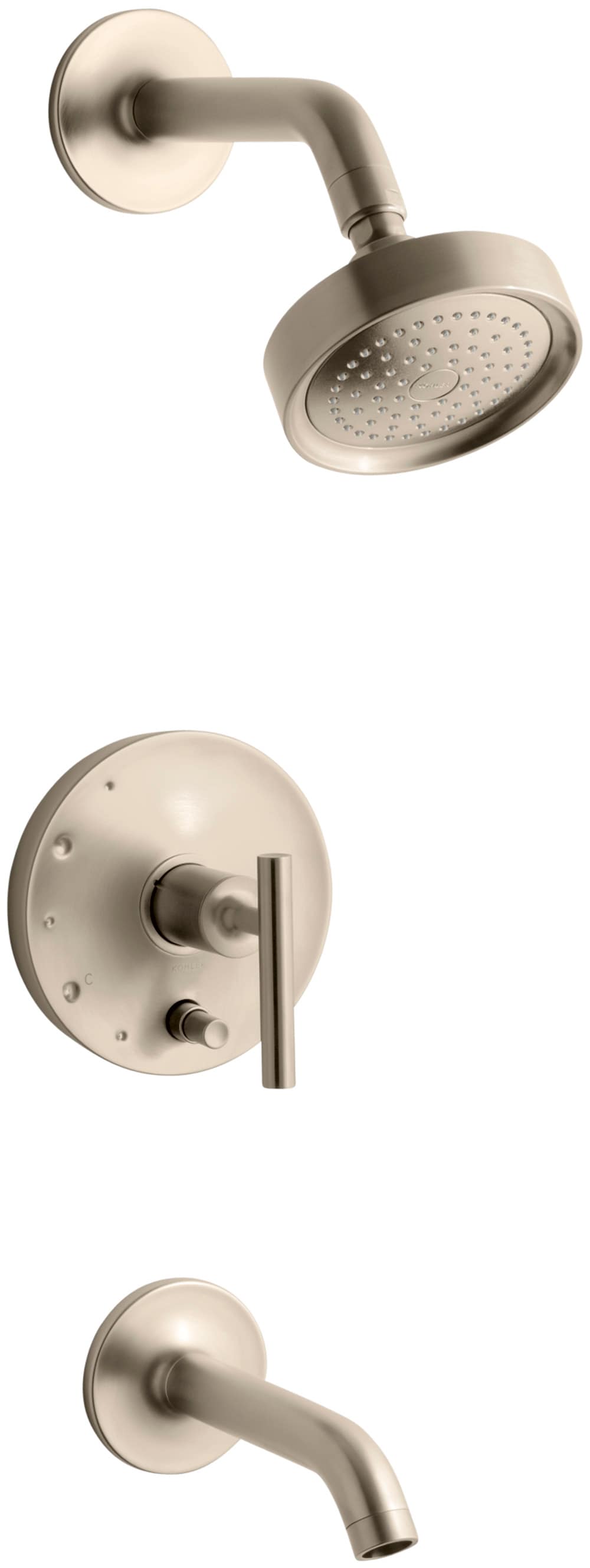 Grifo para bañera y ducha redonda de 5.47 pulgadas, de un solo mango y función única en bronce vibrante cepillado KOHLER Purist T14420-4-BV.