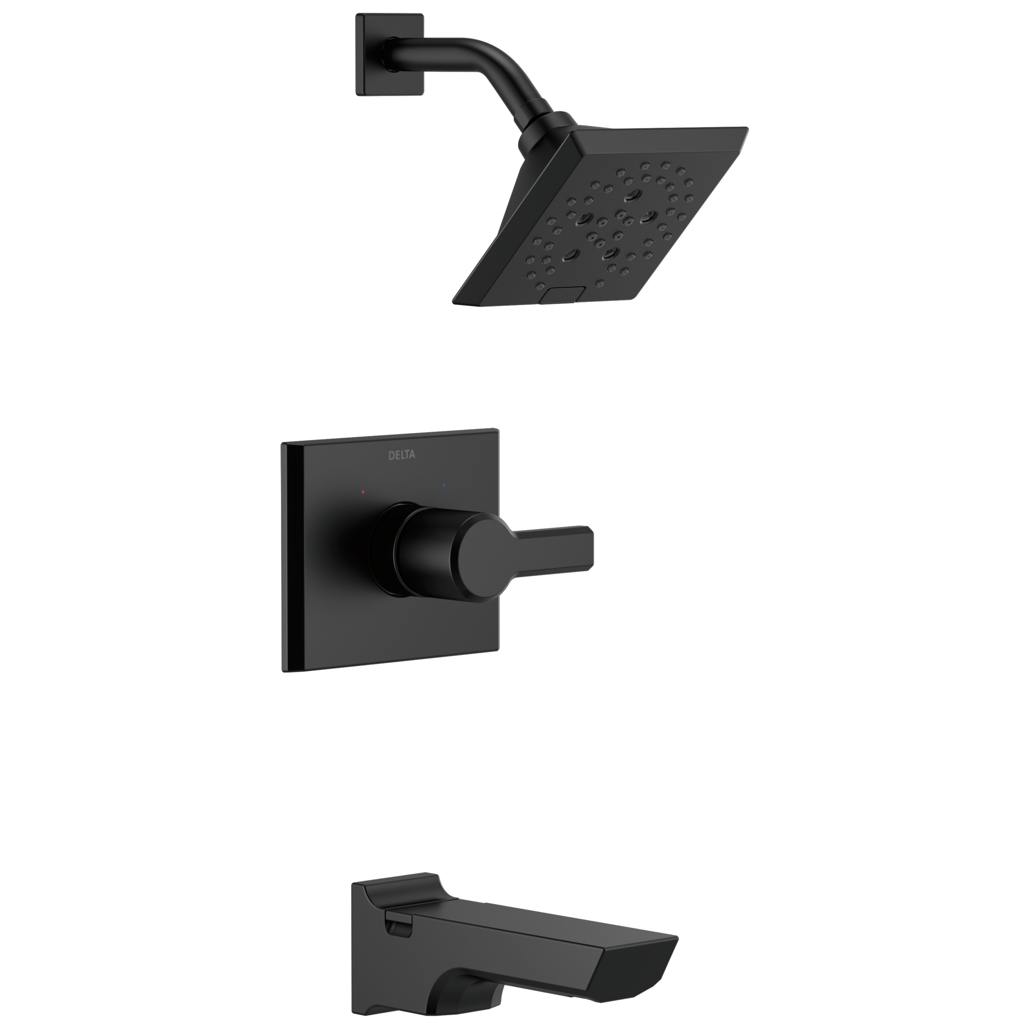 Grifo de bañera y regadera cuadrado de 5.78 pulgadas, de un solo mango, en negro mate de la colección Delta Pivotal con válvula T14499-BL