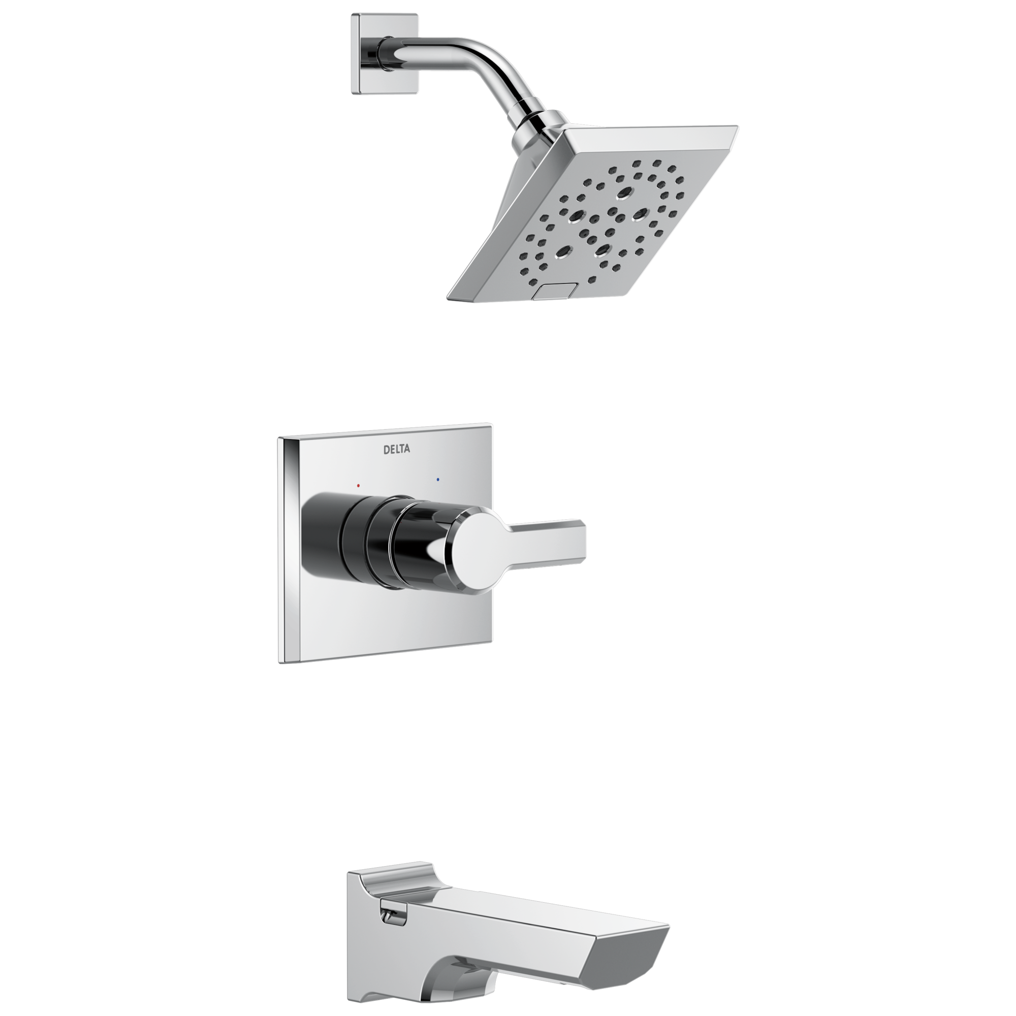 Grifo de bañera y ducha de 1 mango con funciones múltiples de 5.75 pulgadas, cuadrado, en cromo Delta Pivotal Lumicoat con válvula T14499-PR.