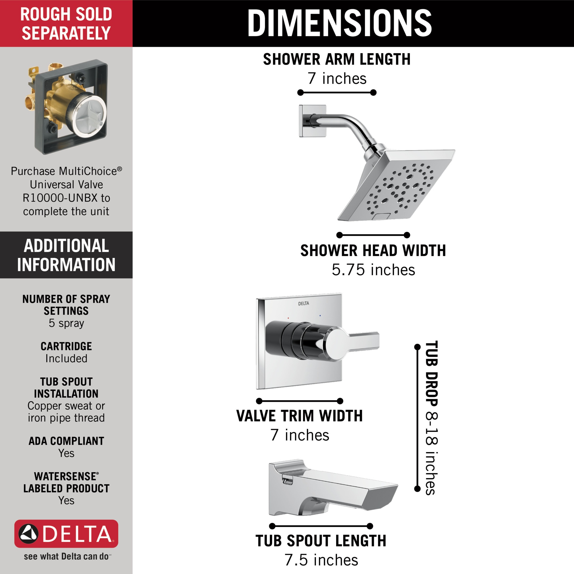 Grifo de bañera y ducha de 1 mango con funciones múltiples de 5.75 pulgadas, cuadrado, en cromo Delta Pivotal Lumicoat con válvula T14499-PR.