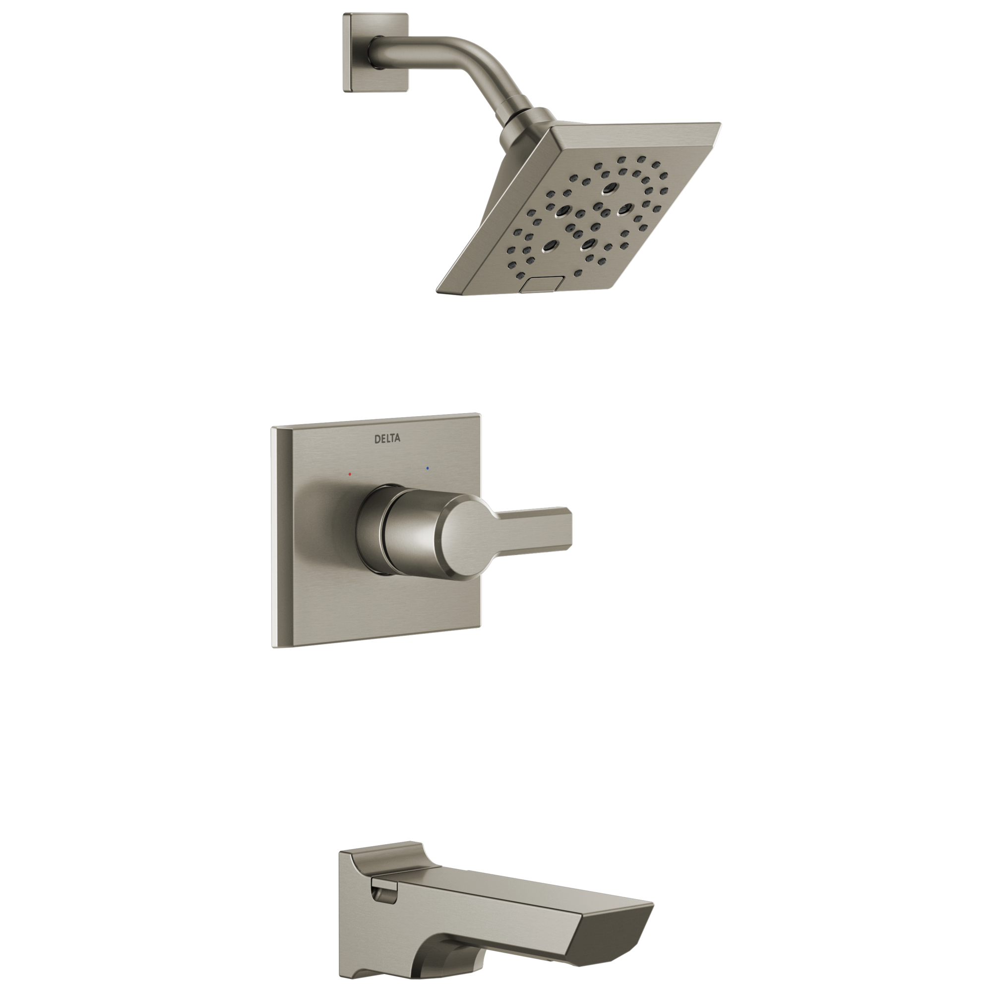 Grifo de bañera y ducha cuadrado de 5.75 pulgadas con válvula de acero inoxidable de un solo mango y multifunción Delta Pivotal Lumicoat
