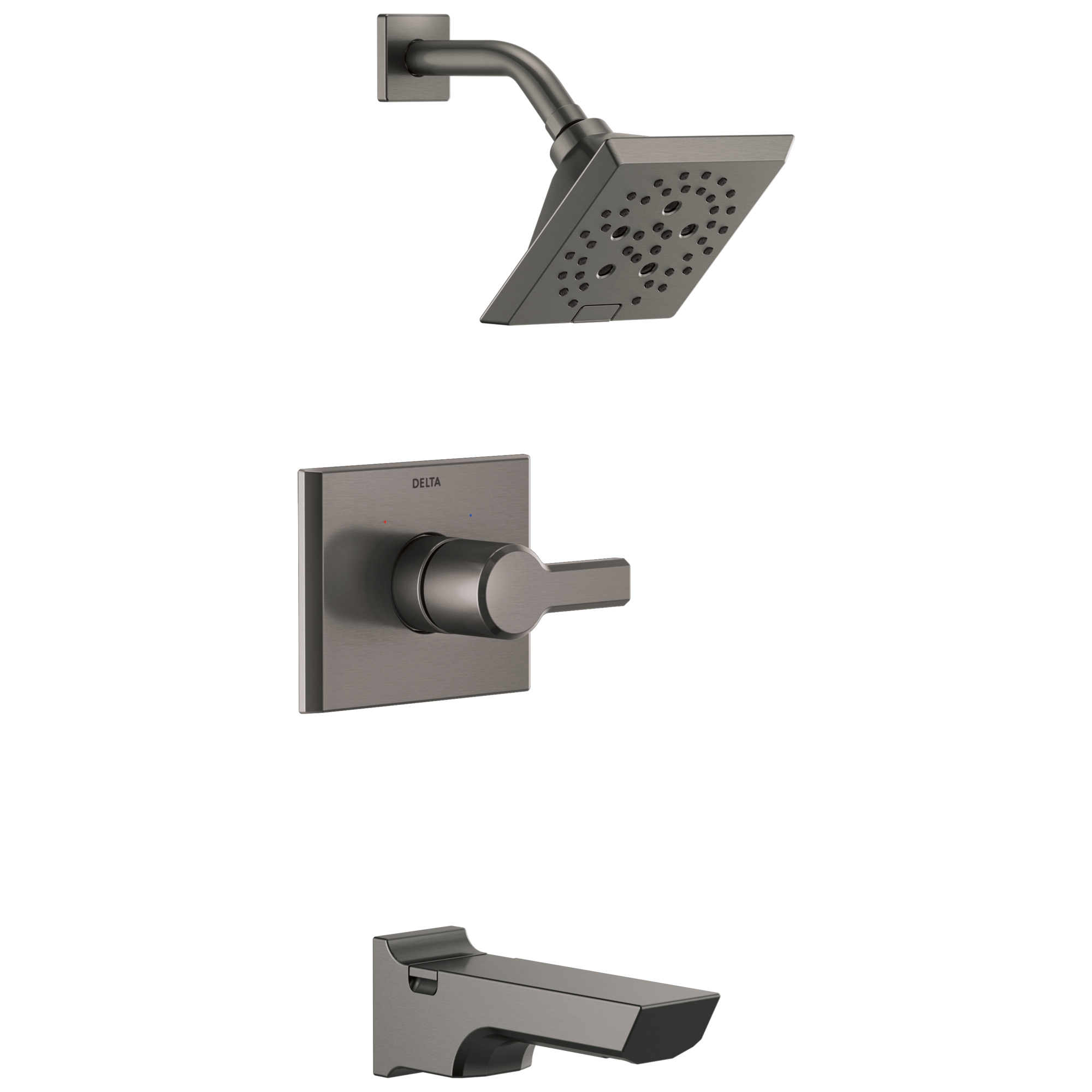 Grifo para Bañera y Ducha de Acero Inoxidable Negro con Acabado Lumicoat y 1 mango de control de Delta Pivotal de 5.75 Pulgadas, Función Múltiple