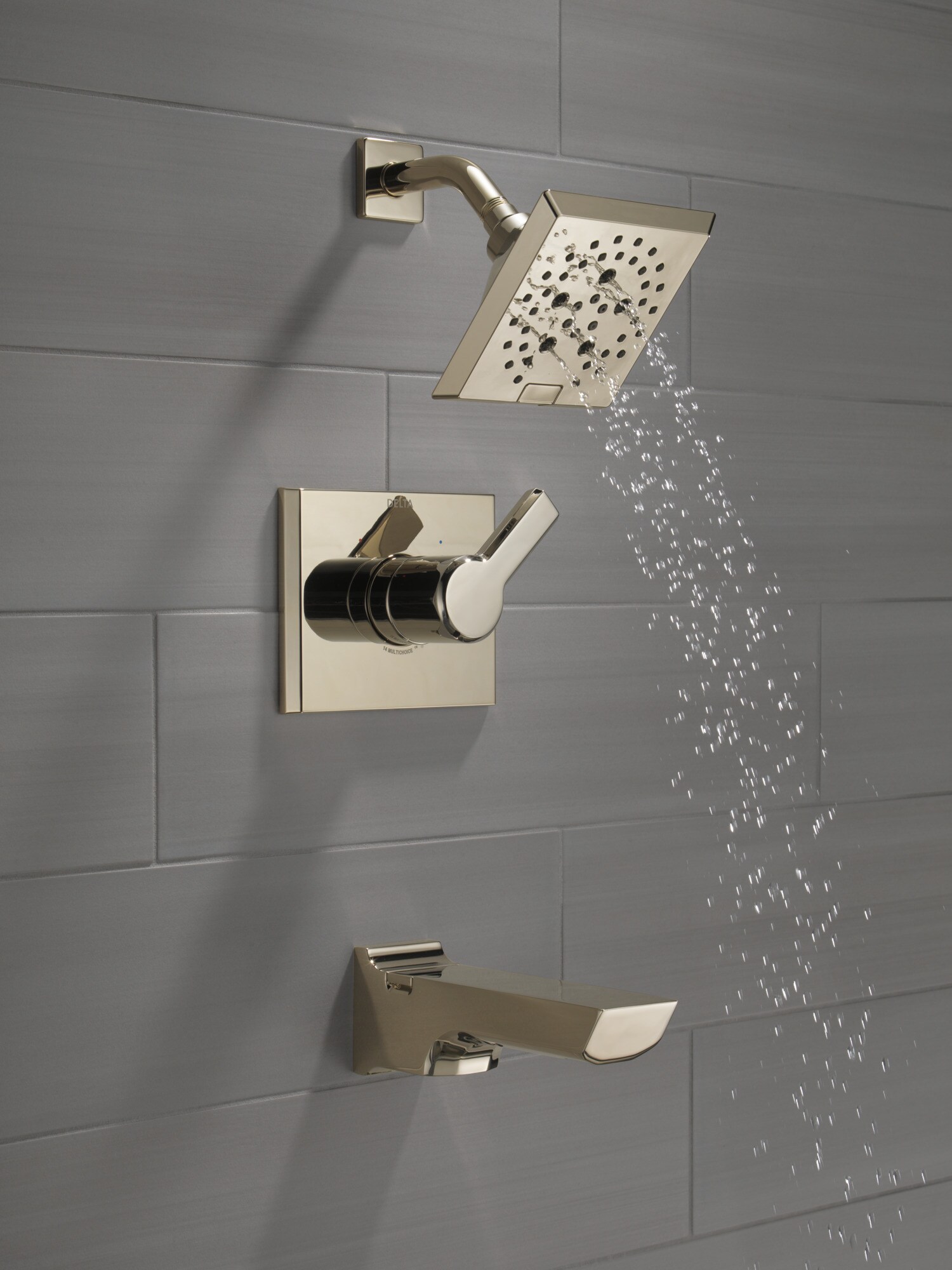 Grifo para bañera y ducha cuadrado de 5.75 pulgadas con acabado de níquel pulido de un solo mango y función múltiple de la línea Delta Pivotal Lumicoat