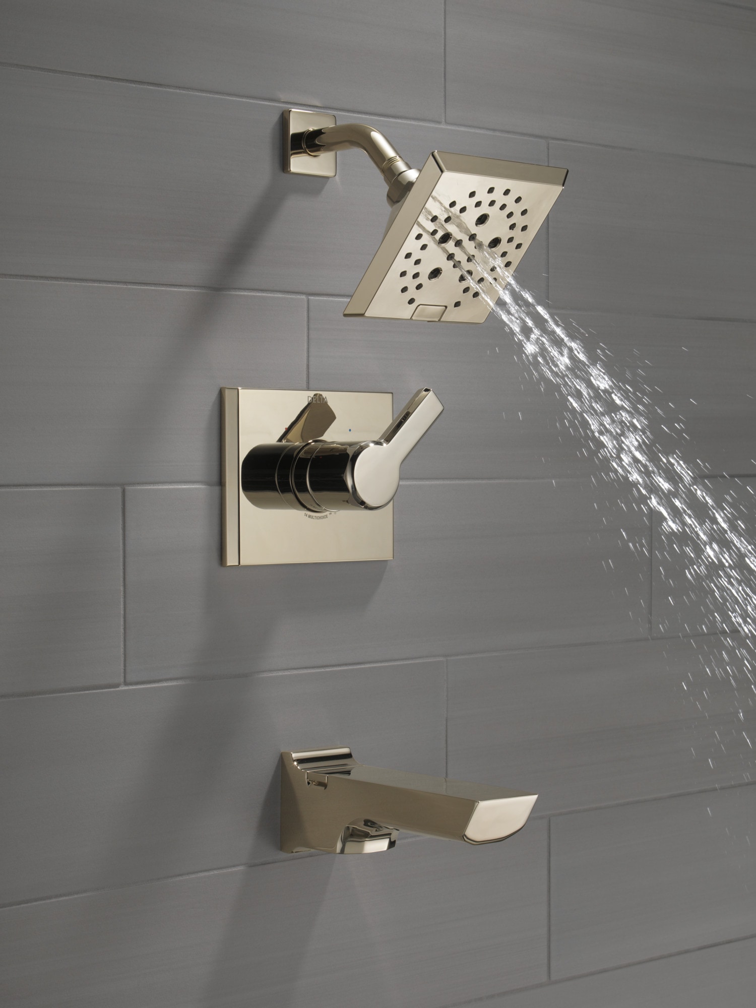 Grifo para bañera y ducha cuadrado de 5.75 pulgadas con acabado de níquel pulido de un solo mango y función múltiple de la línea Delta Pivotal Lumicoat