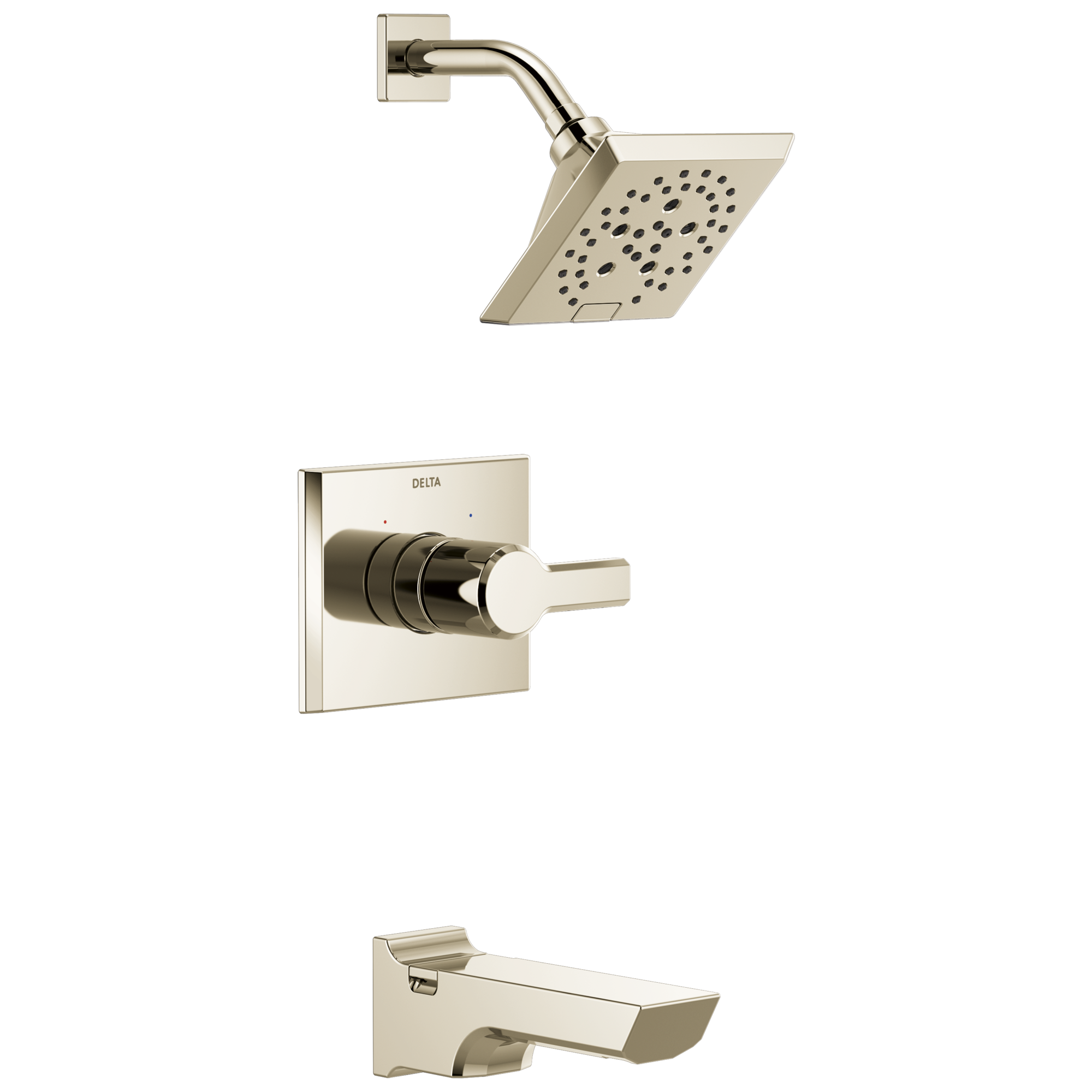 Grifo para bañera y ducha cuadrado de 5.75 pulgadas con acabado de níquel pulido de un solo mango y función múltiple de la línea Delta Pivotal Lumicoat