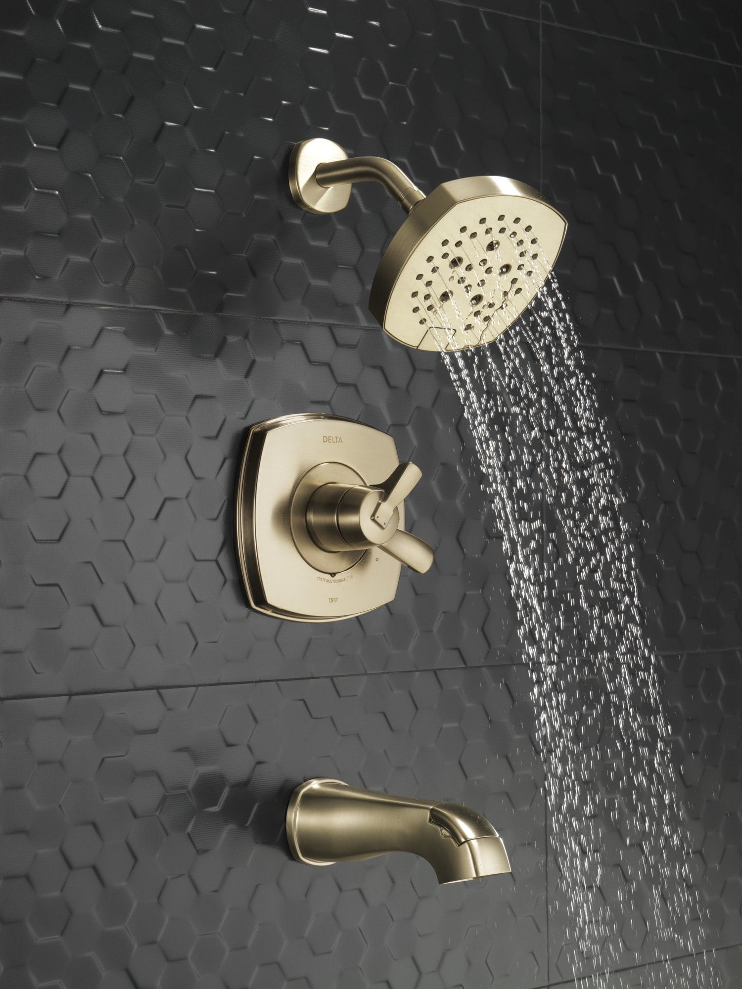 Grifo de bañera redonda y ducha de una sola manija con función múltiple de 7.0 pulgadas en bronce champan Lumicoat Delta Stryke