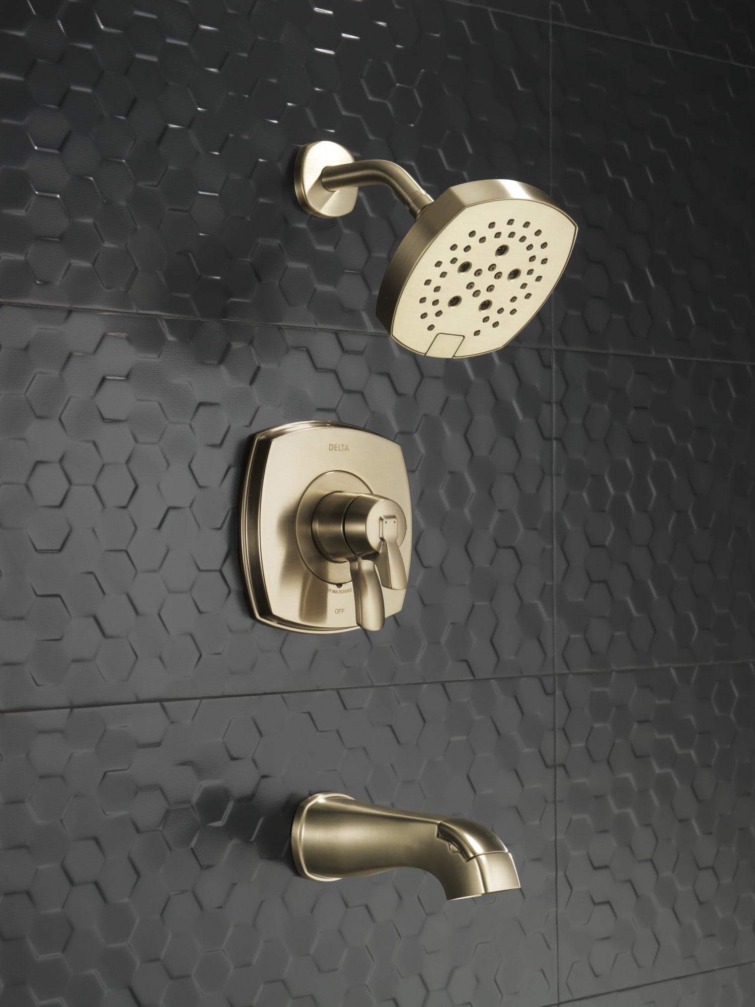 Grifo de bañera redonda y ducha de una sola manija con función múltiple de 7.0 pulgadas en bronce champan Lumicoat Delta Stryke