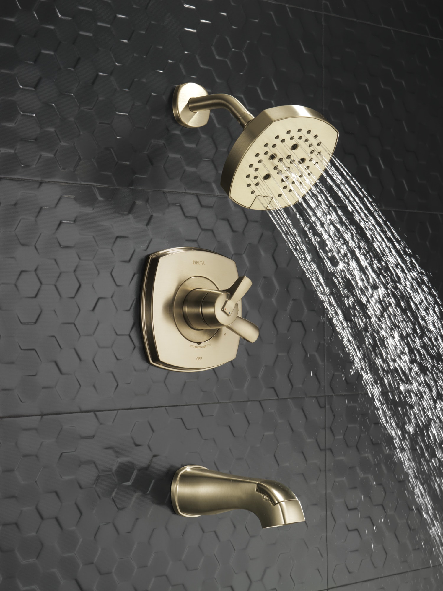 Grifo de bañera redonda y ducha de una sola manija con función múltiple de 7.0 pulgadas en bronce champan Lumicoat Delta Stryke