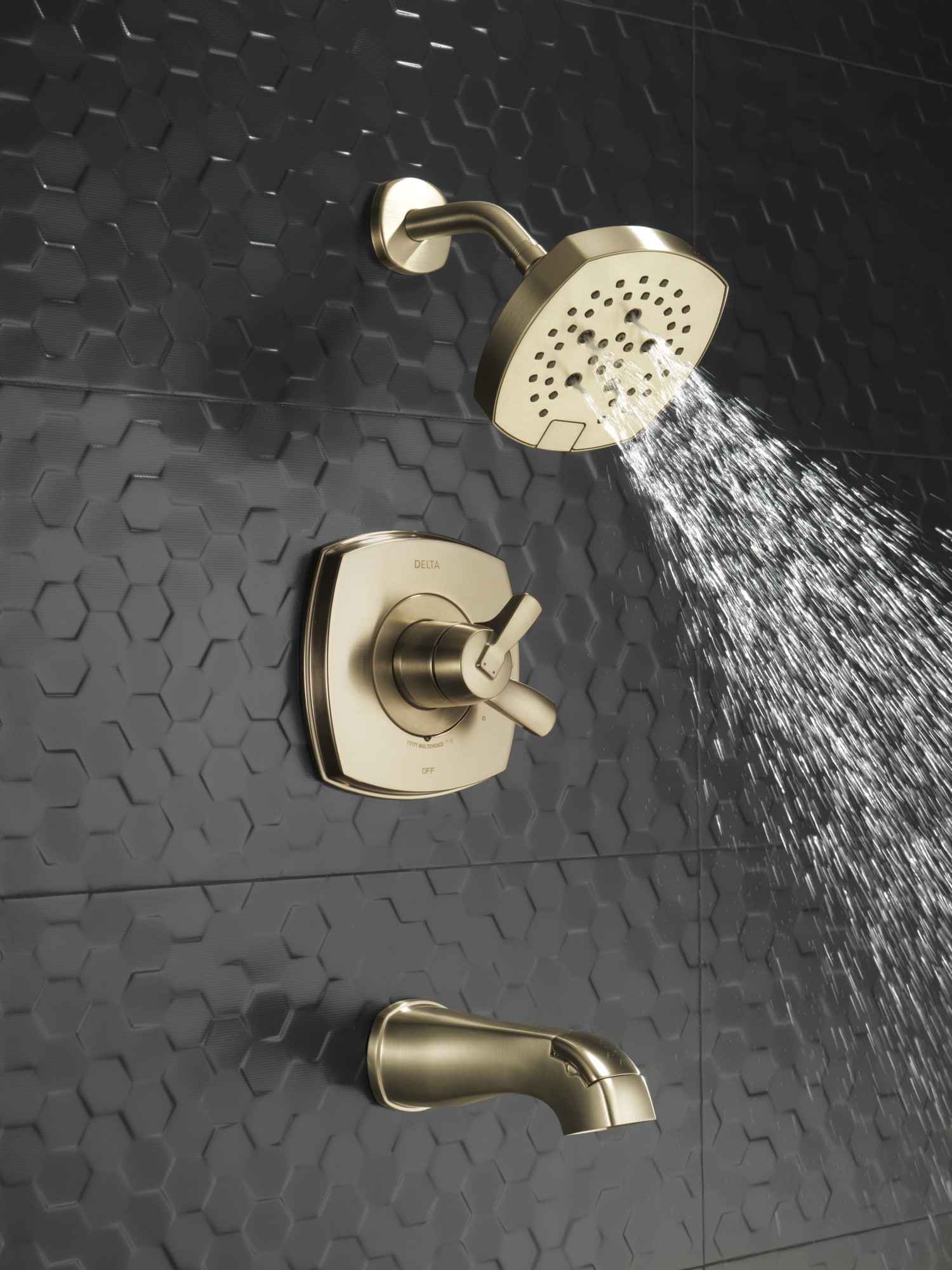 Grifo de bañera redonda y ducha de una sola manija con función múltiple de 7.0 pulgadas en bronce champan Lumicoat Delta Stryke