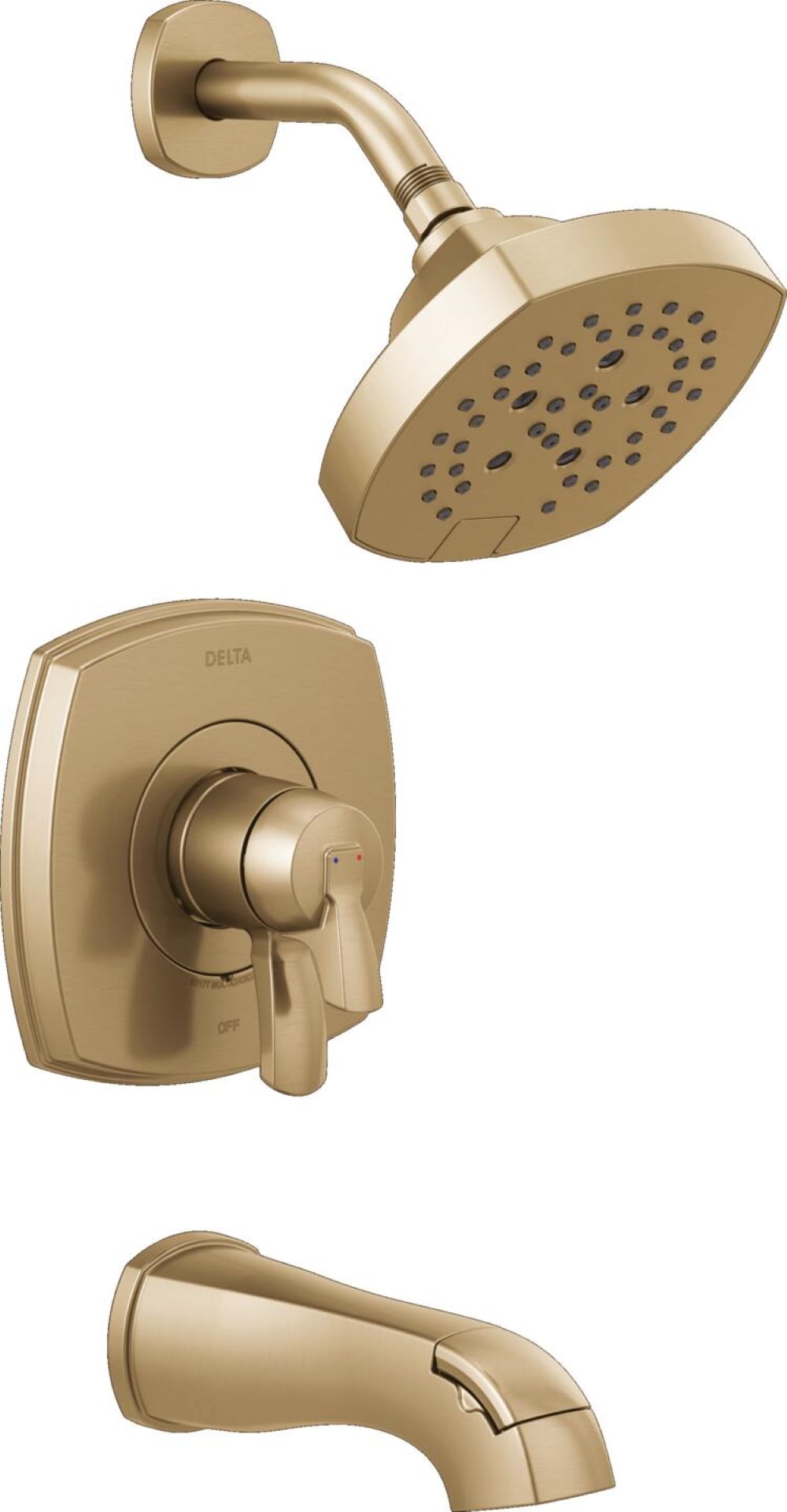 Grifo de bañera redonda y ducha de una sola manija con función múltiple de 7.0 pulgadas en bronce champan Lumicoat Delta Stryke
