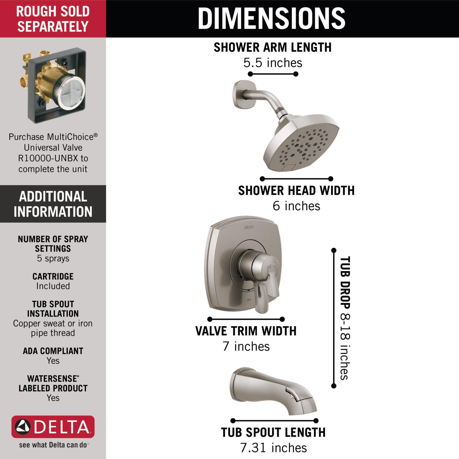 Grifo de bañera y ducha redondo de 7.0 pulgadas con un solo mango y función múltiple de acero inoxidable con Lumicoat, modelo Delta Stryke T17476-SS-PR.