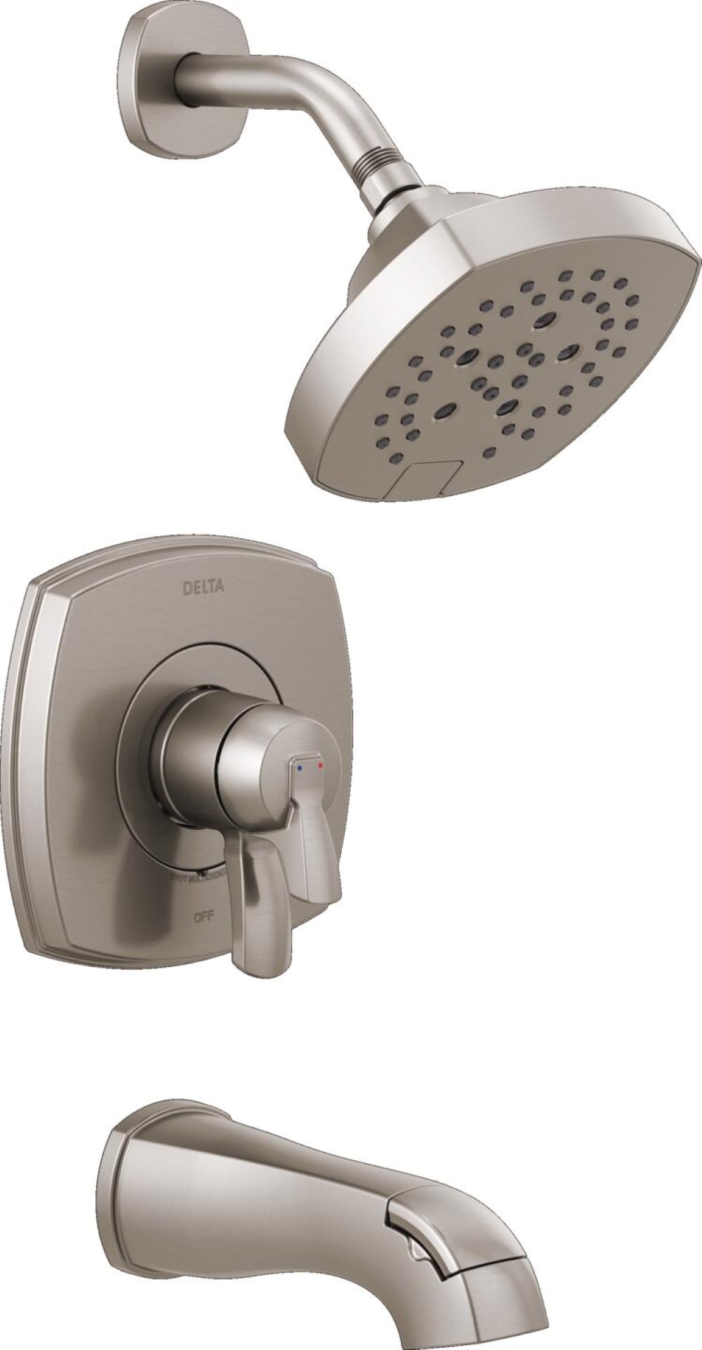 Grifo de bañera y ducha redondo de 7.0 pulgadas con un solo mango y función múltiple de acero inoxidable con Lumicoat, modelo Delta Stryke T17476-SS-PR.