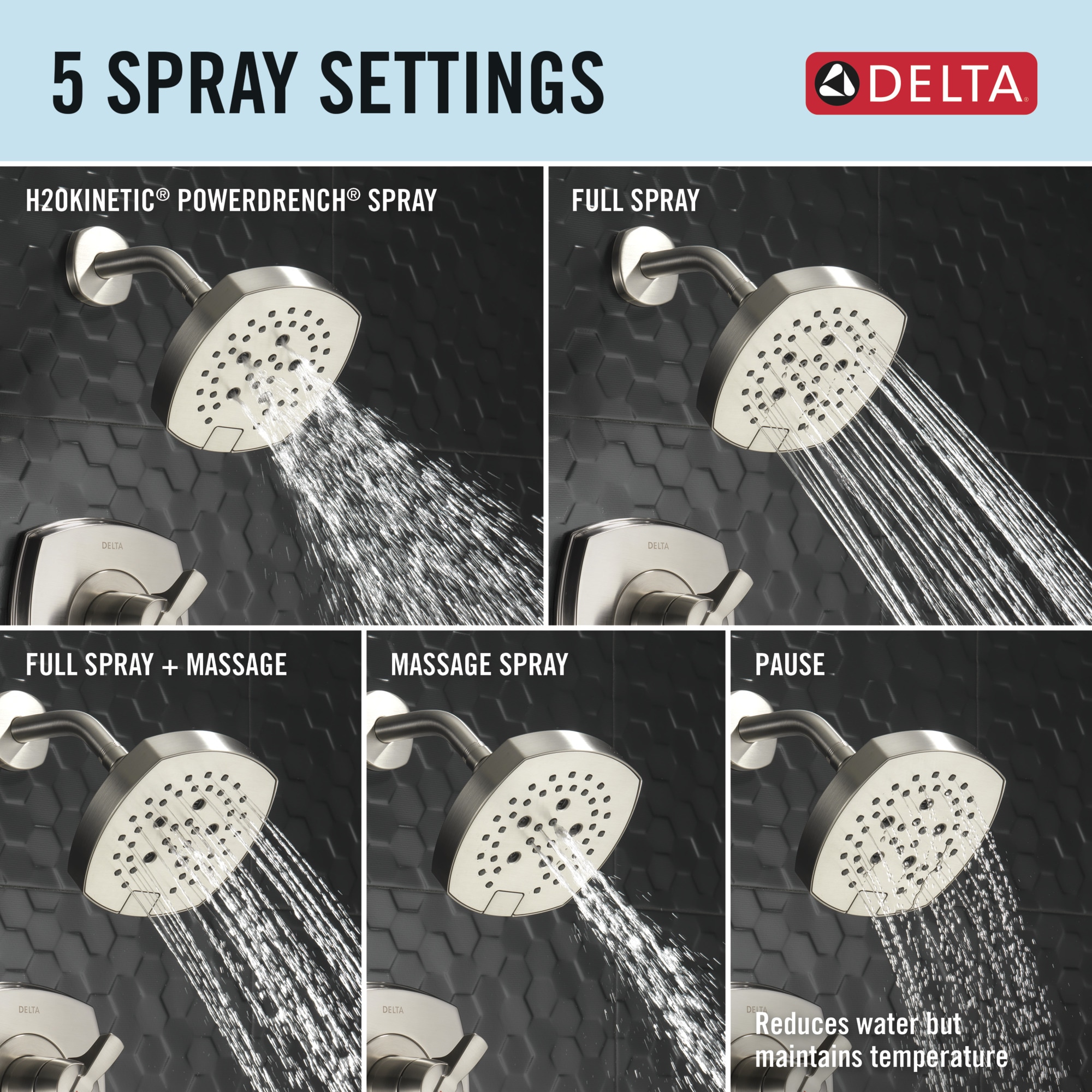 Grifo de bañera y ducha redondo de 7.0 pulgadas con un solo mango y función múltiple de acero inoxidable con Lumicoat, modelo Delta Stryke T17476-SS-PR.