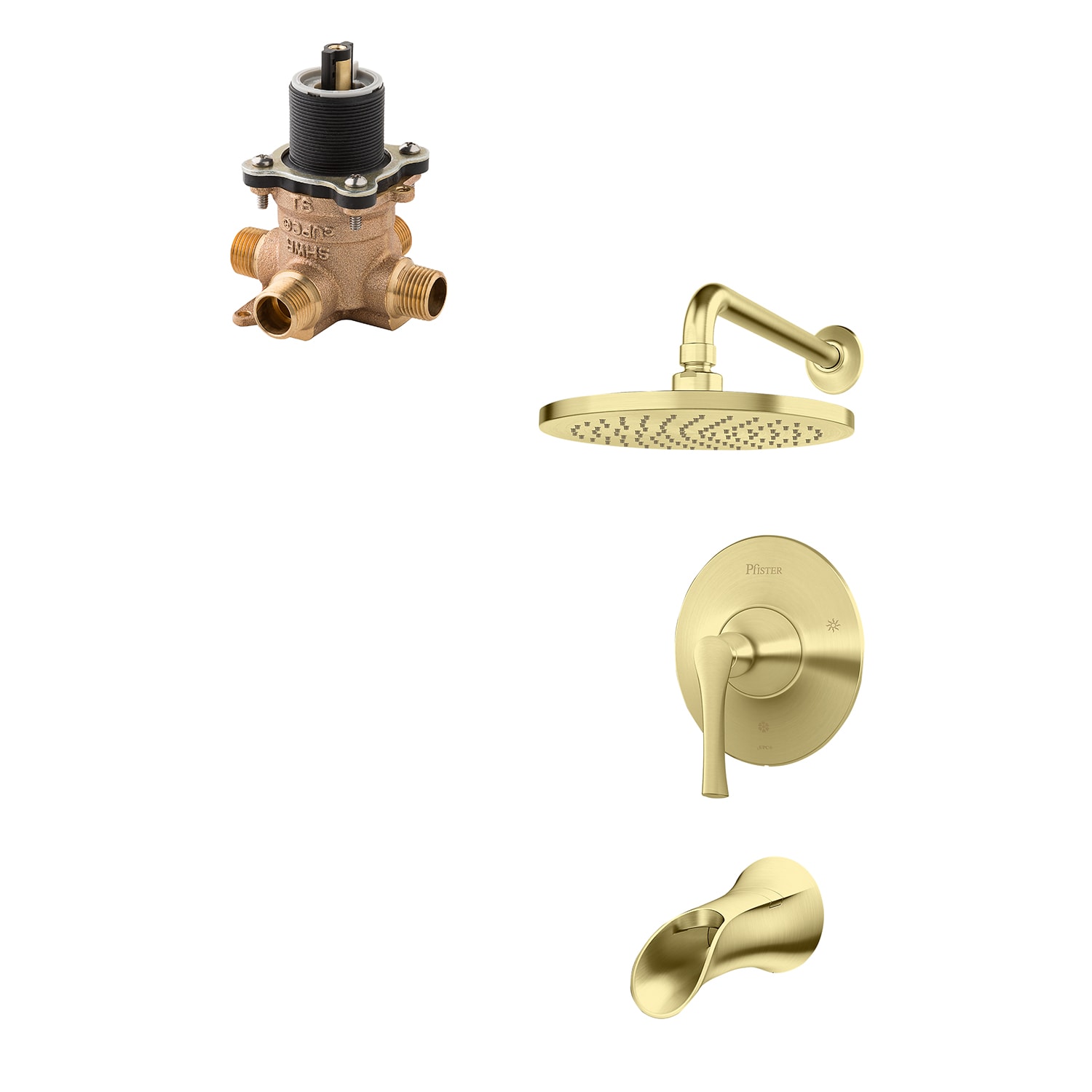 Regadera y llave mezcladora de bañera redonda de 7.875 pulgadas en oro cepillado de una sola función - Pfister Rhen