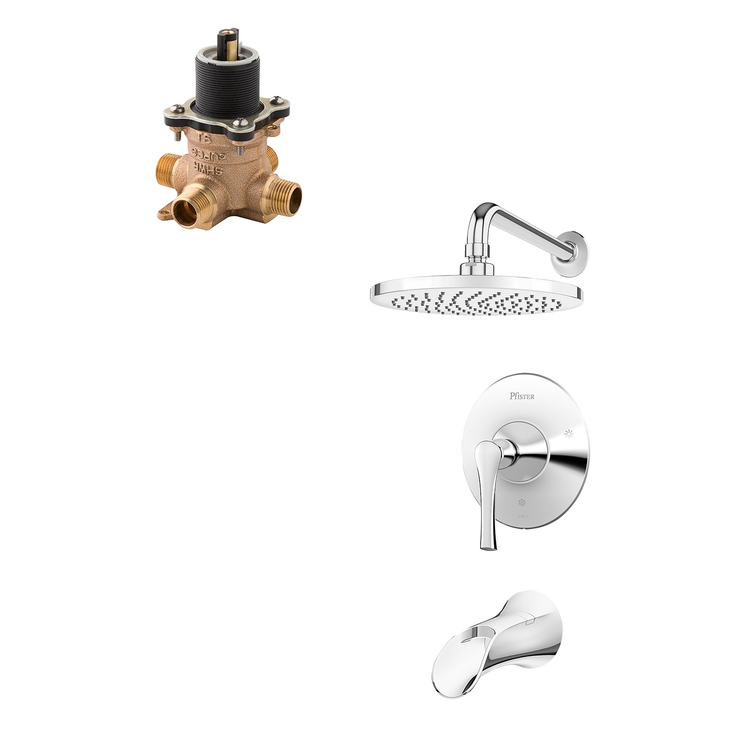 Grifo para bañera y ducha redonda de 7.875 pulgadas en cromo pulido de una sola manija y función, con válvula - Modelo LG89-8RHC-0X8-310A-L de Pfister Rhen.