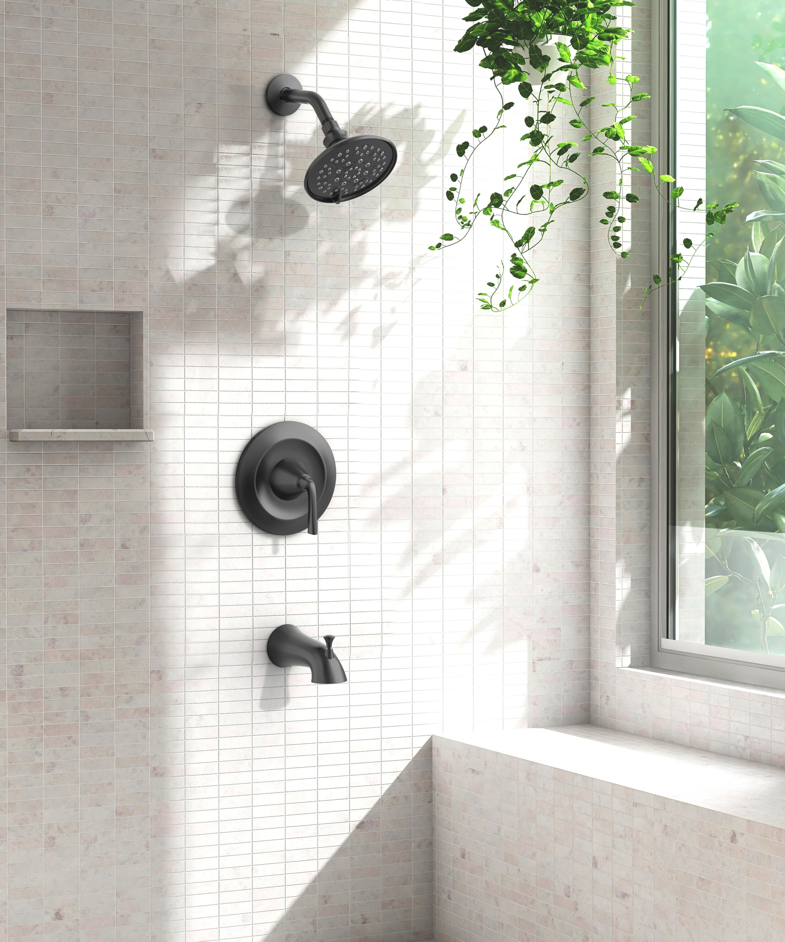 Grifo para bañera y ducha redondo de 3.66 pulgadas con una sola manija de color negro mate de la marca allen + roth, modelo Mullen y funcionalidad multiusos, incluye válvula 873X-717001.