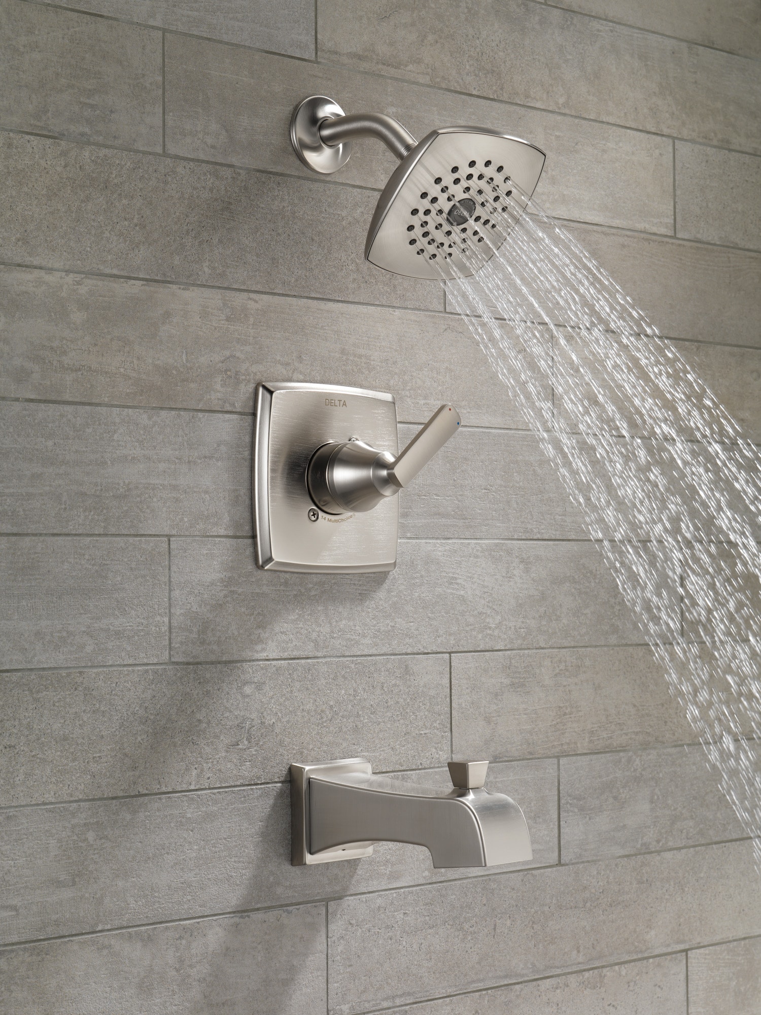 Mezcladora de bañera y regadera cuadrada de acero inoxidable de 1 manija y función única de 5.25 pulgadas Ashlyn Delta T14464-SS