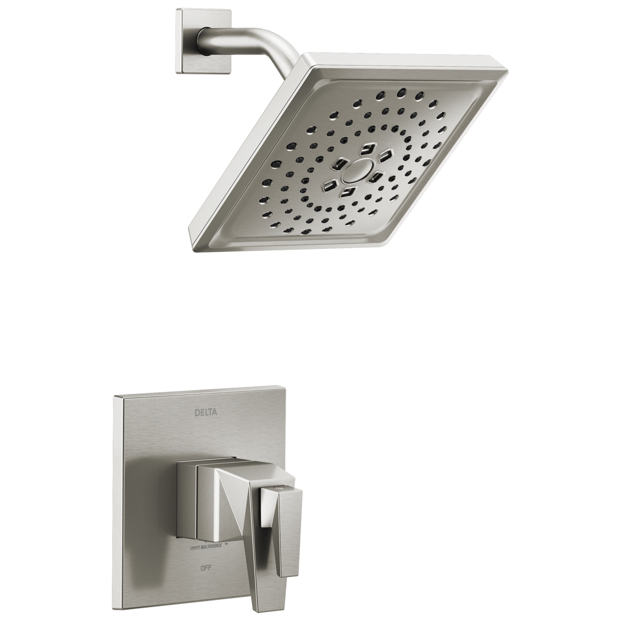 Grifo para bañera y ducha cuadrada de 7.625 pulgadas con 2 manijas de acero inoxidable Delta Trillian Lumicoat multi-función