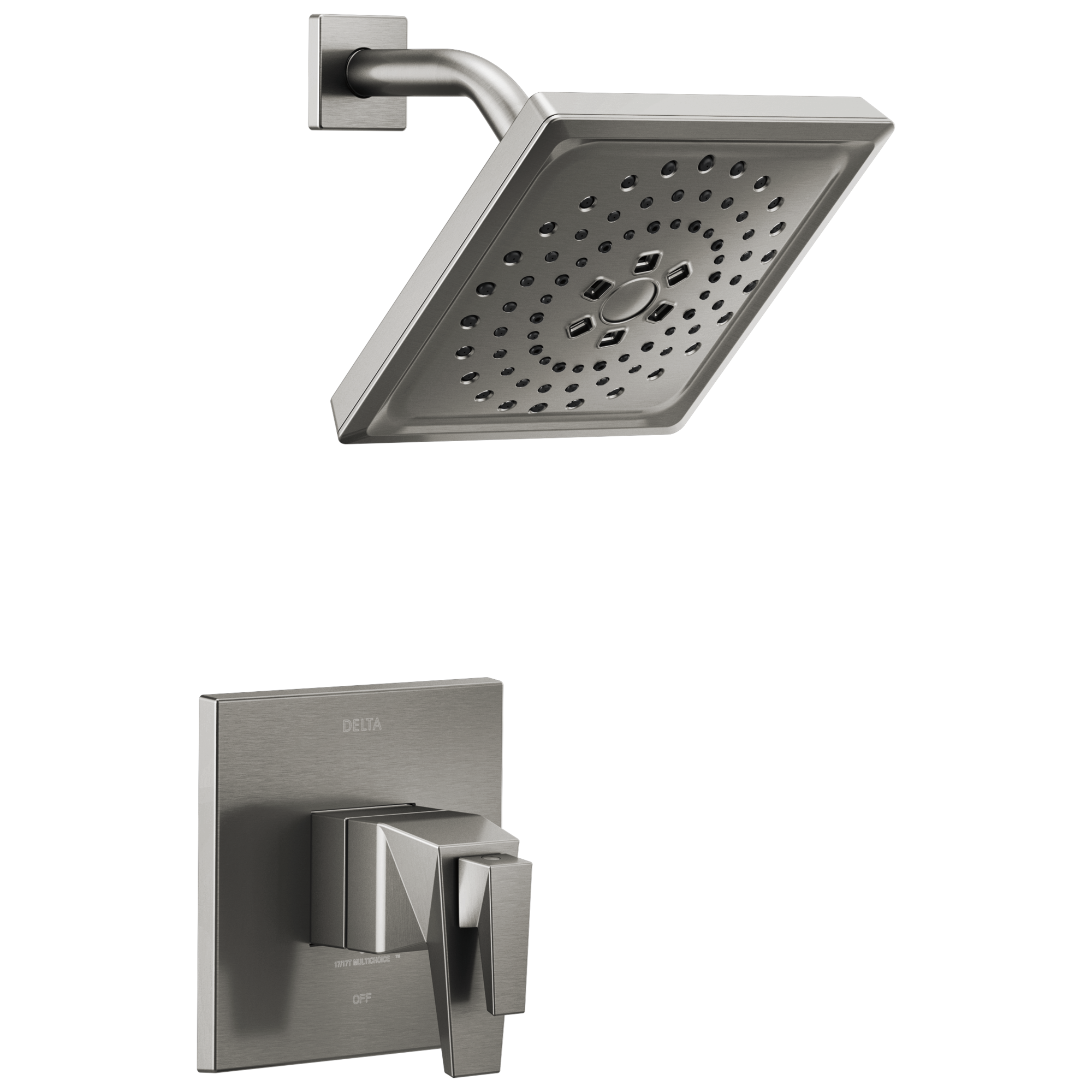 Grifo de bañera y ducha cuadrado de 7.625 pulgadas con dos manijas de acero inoxidable negro Lumicoat Trillian de Delta