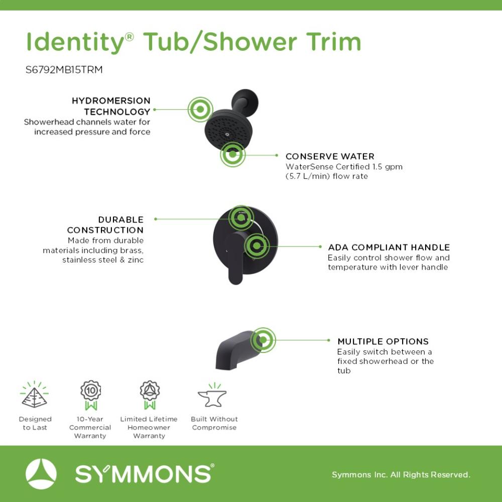 Grifo para bañera y ducha redonda de función única, de 3.94 pulgadas en negro mate con una manija - Identidad de Symmons