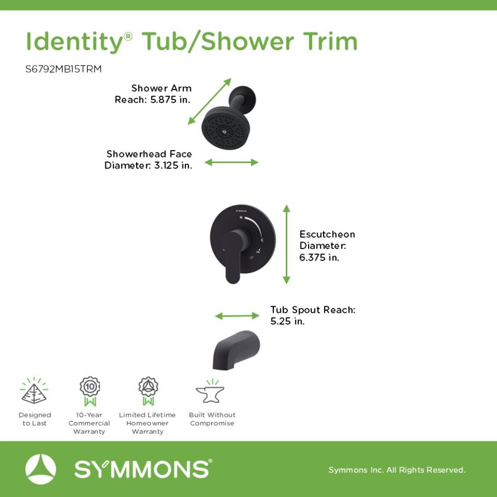 Grifo para bañera y ducha redonda de función única, de 3.94 pulgadas en negro mate con una manija - Identidad de Symmons