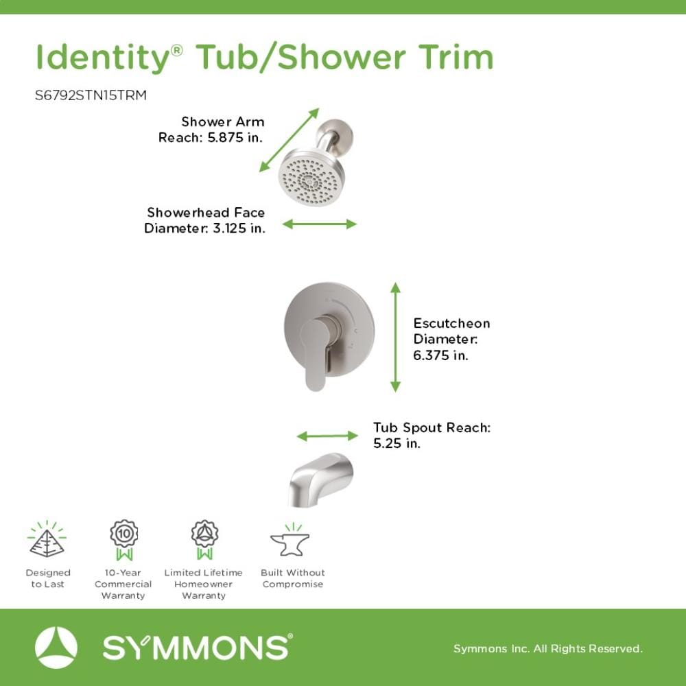Grifería de bañera y ducha redonda de 3.94 pulgadas, hebilla única y función sencilla en níquel satinado Identity de Symmons