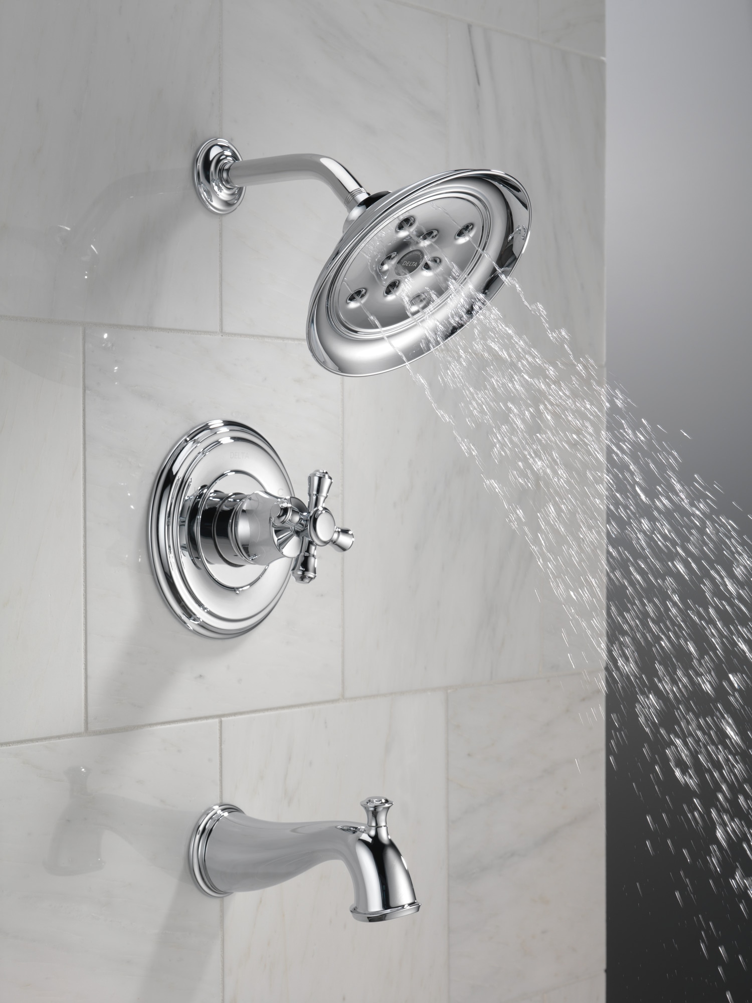 Grifo para bañera y ducha redondo de acero inoxidable Delta Cassidy con función única, incluye válvula T14497-SSLHP.
