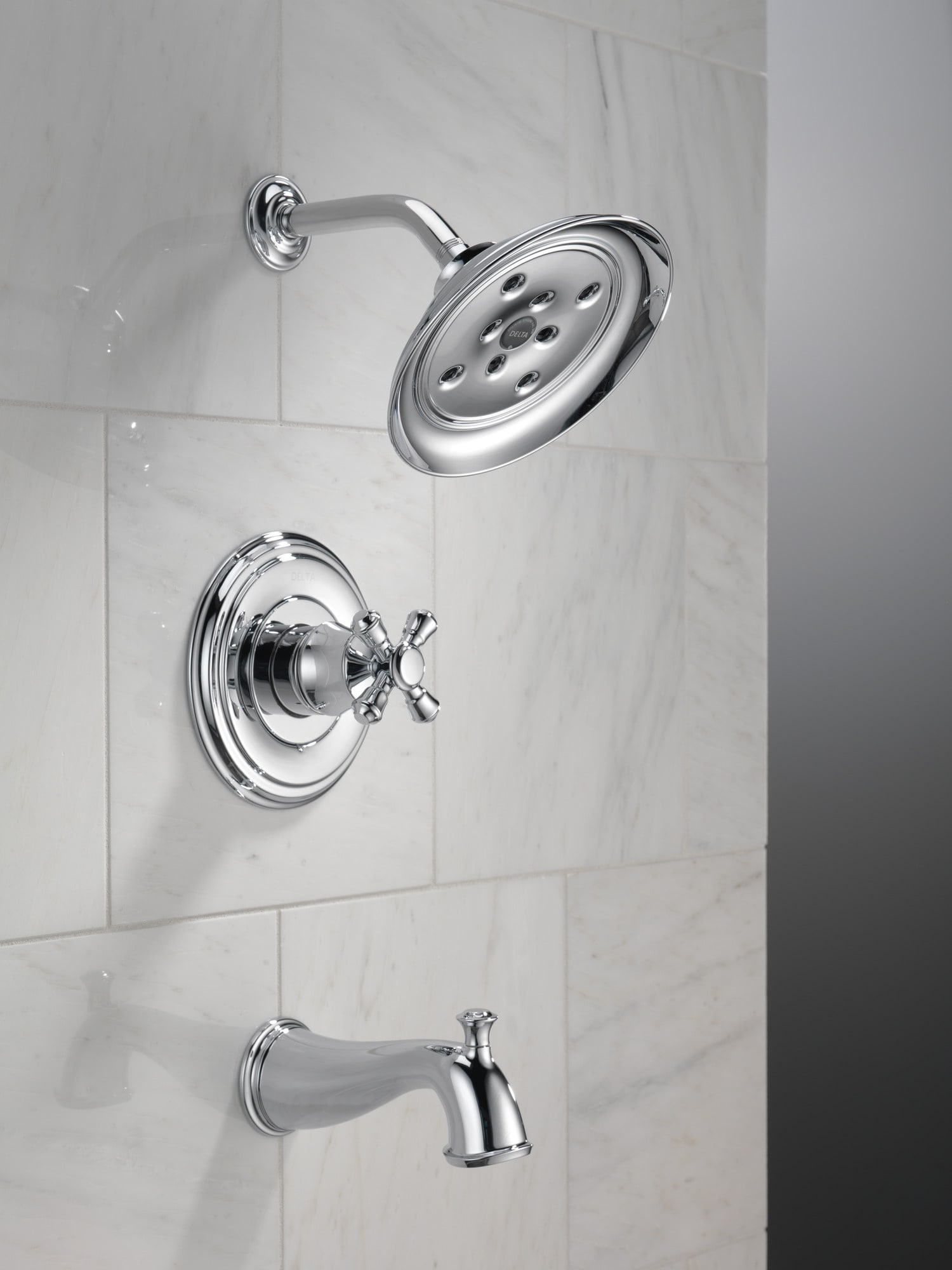 Grifo para bañera y ducha redondo de acero inoxidable Delta Cassidy con función única, incluye válvula T14497-SSLHP.
