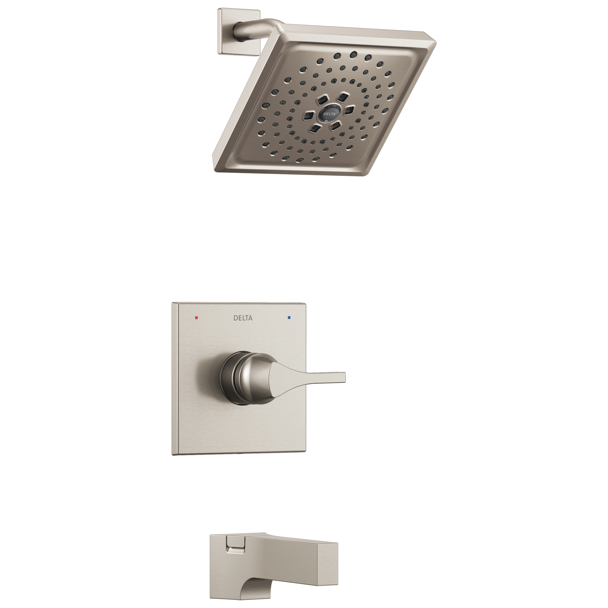 Grifo para bañera y ducha cuadrado de acero inoxidable con una manija de Delta Zura de 7.6875 pulgadas de función múltiple T14474-SS.