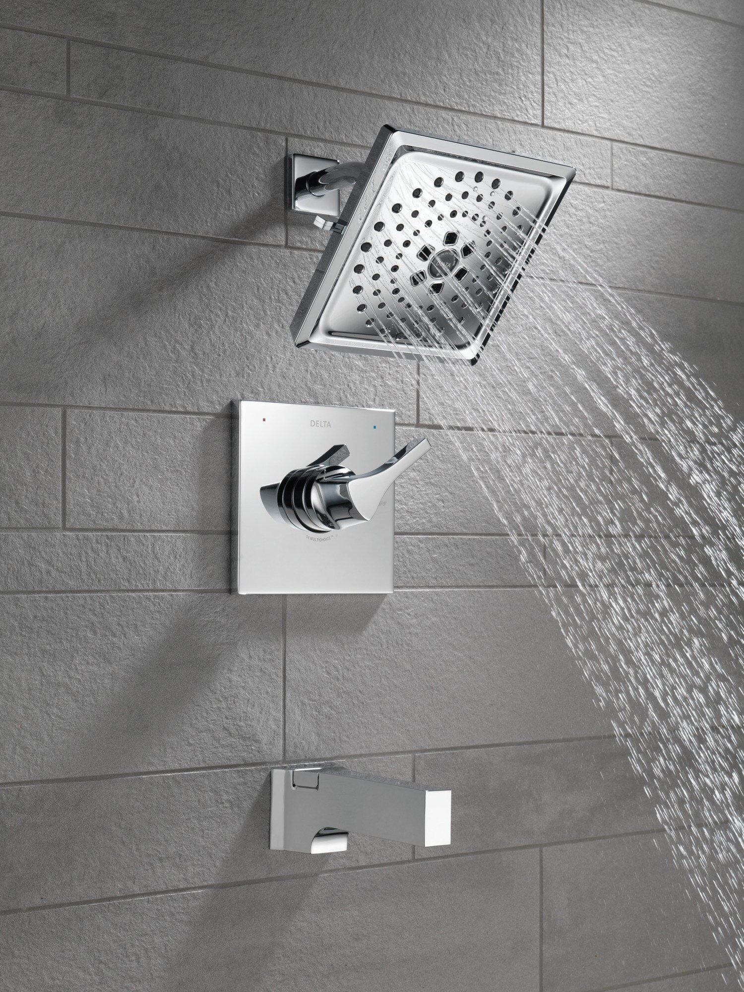Grifo de bañera y ducha cuadrado de 7.6875 pulgadas con 1 mango y múltiples funciones en cromo Delta Zura T14474.