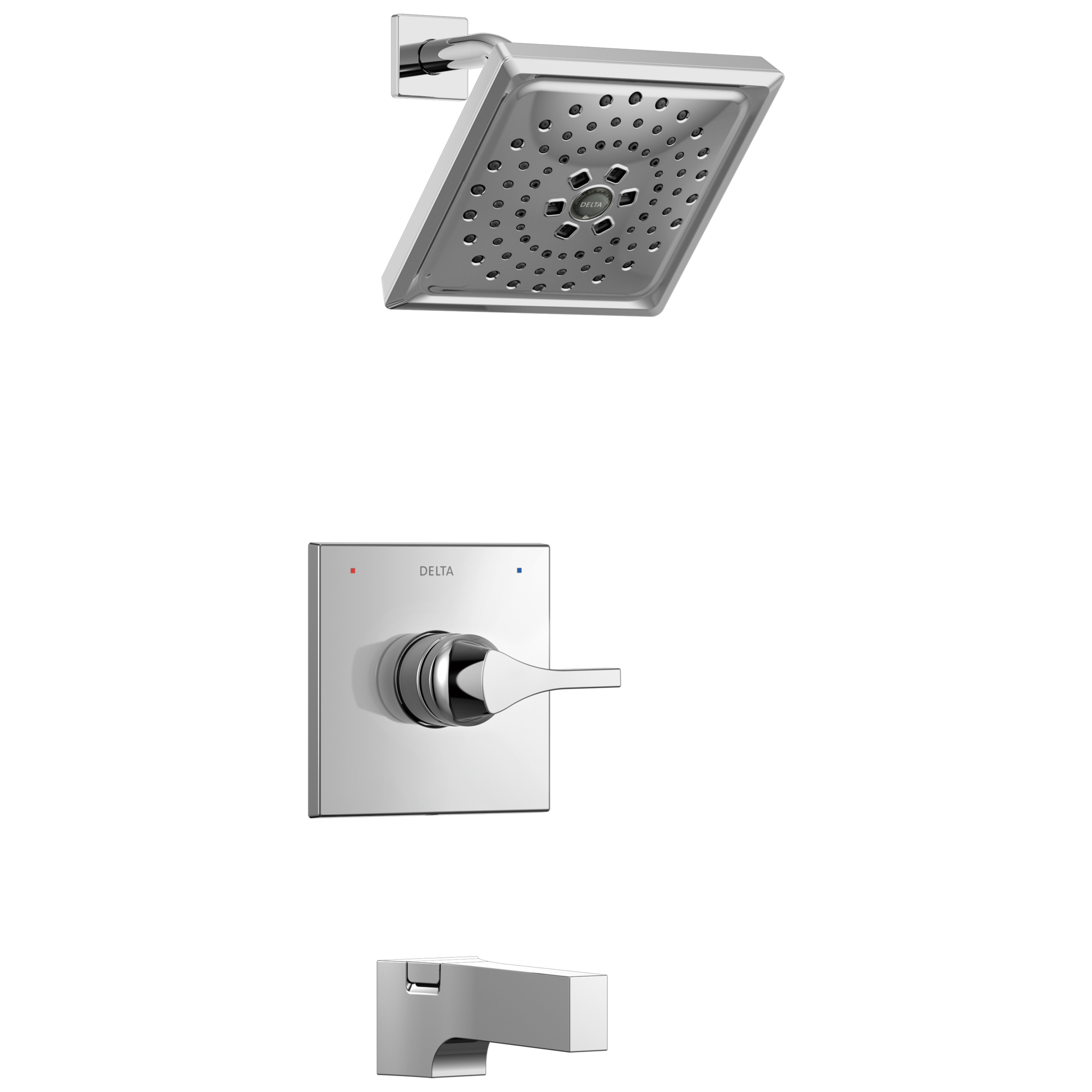 Grifo de bañera y ducha cuadrado de 7.6875 pulgadas con 1 mango y múltiples funciones en cromo Delta Zura T14474.