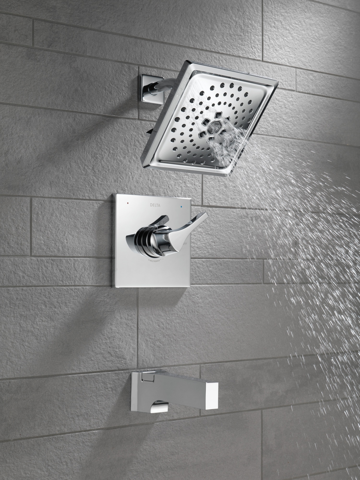 Grifo de bañera y ducha de 1 manija de níquel pulido Delta Zura función múltiple cuadrada de 7.6875 pulgadas T14474-PN