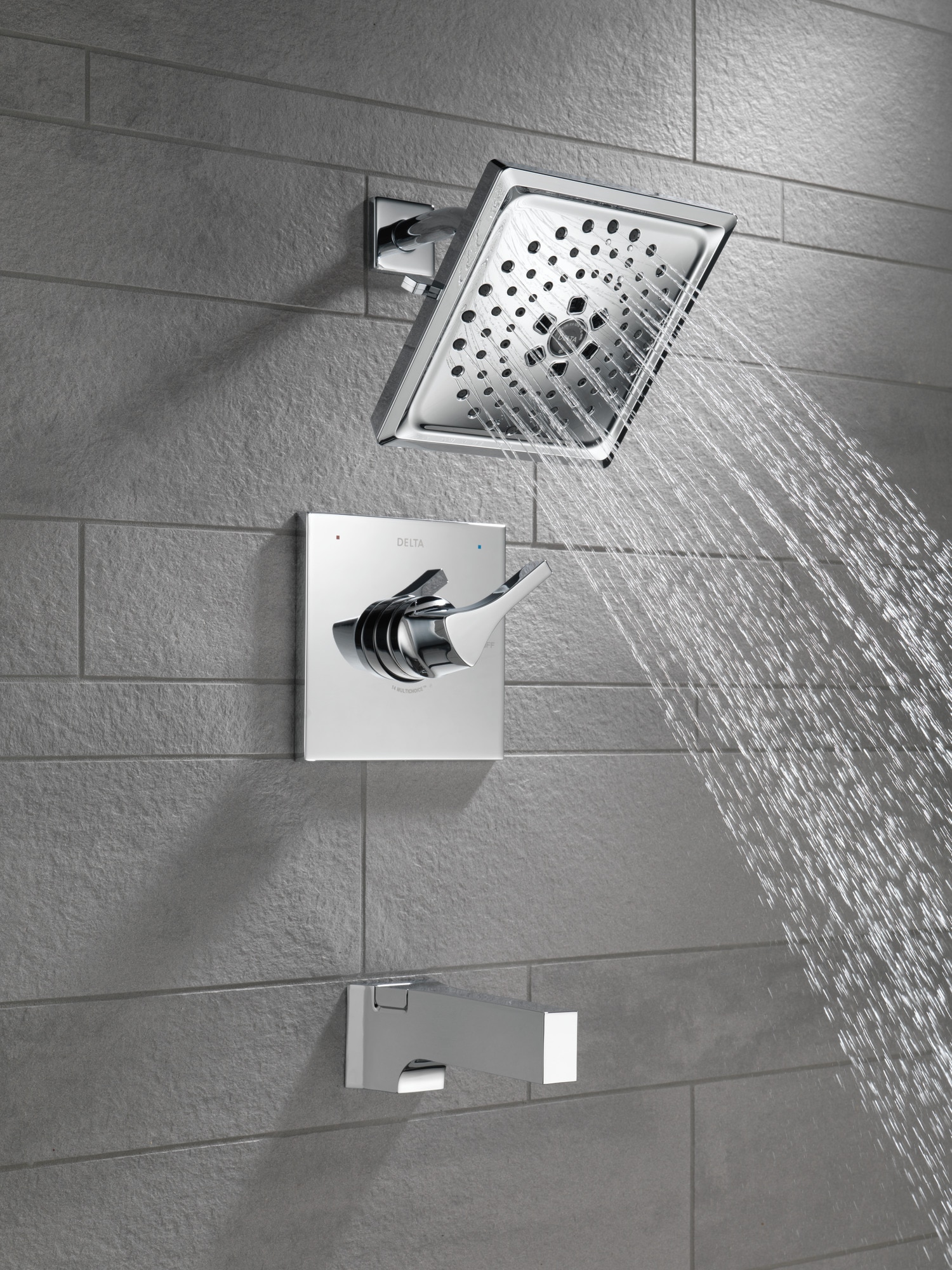 Grifo de bañera y ducha de 1 manija de níquel pulido Delta Zura función múltiple cuadrada de 7.6875 pulgadas T14474-PN