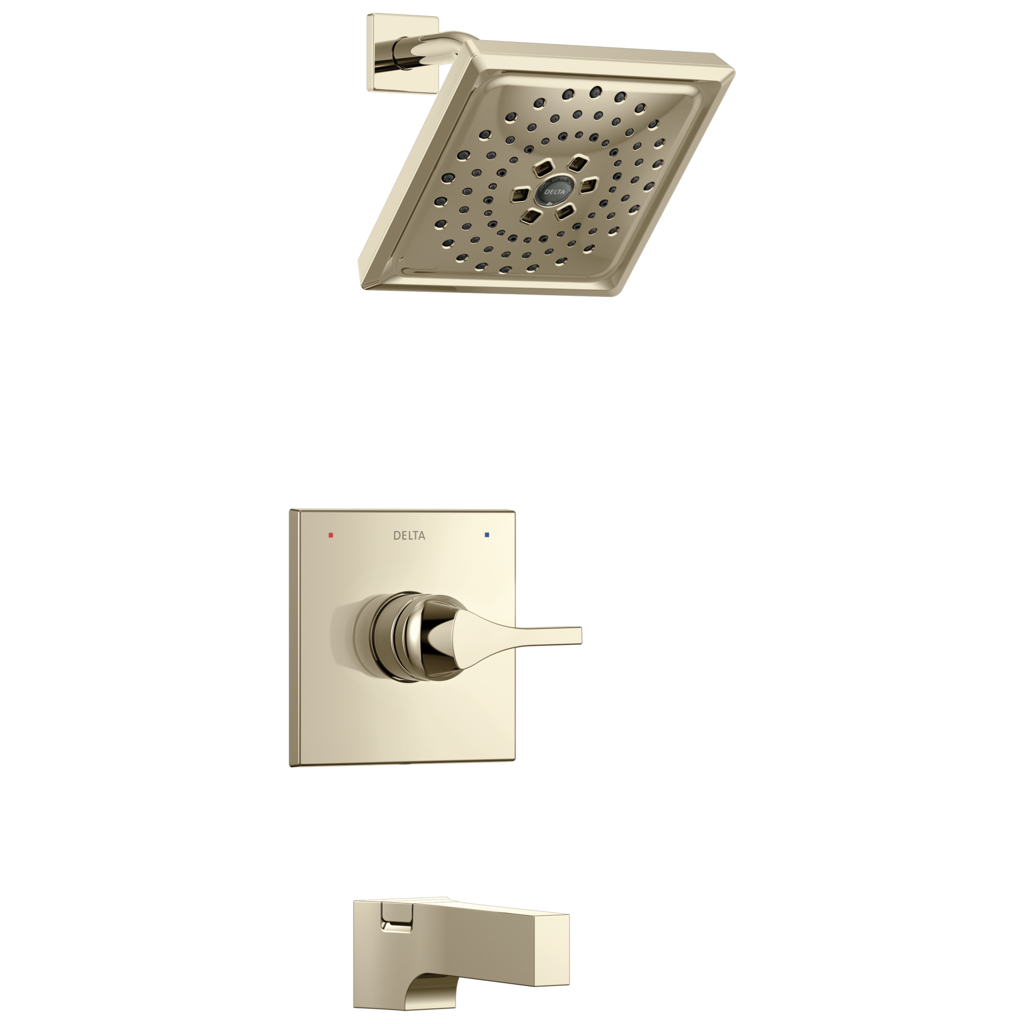 Grifo de bañera y ducha de 1 manija de níquel pulido Delta Zura función múltiple cuadrada de 7.6875 pulgadas T14474-PN