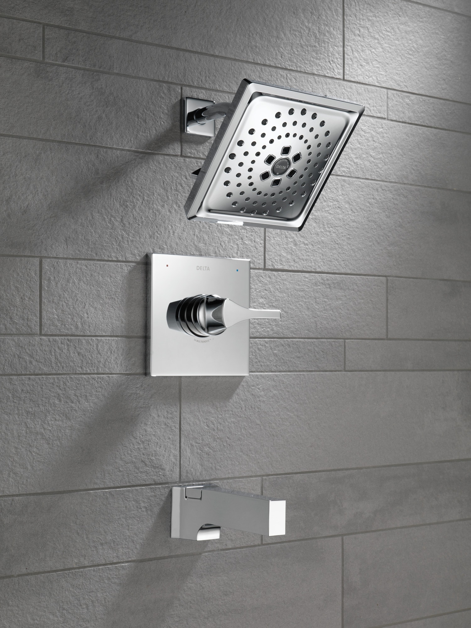 Grifo de bañera y ducha de 1 manija de níquel pulido Delta Zura función múltiple cuadrada de 7.6875 pulgadas T14474-PN