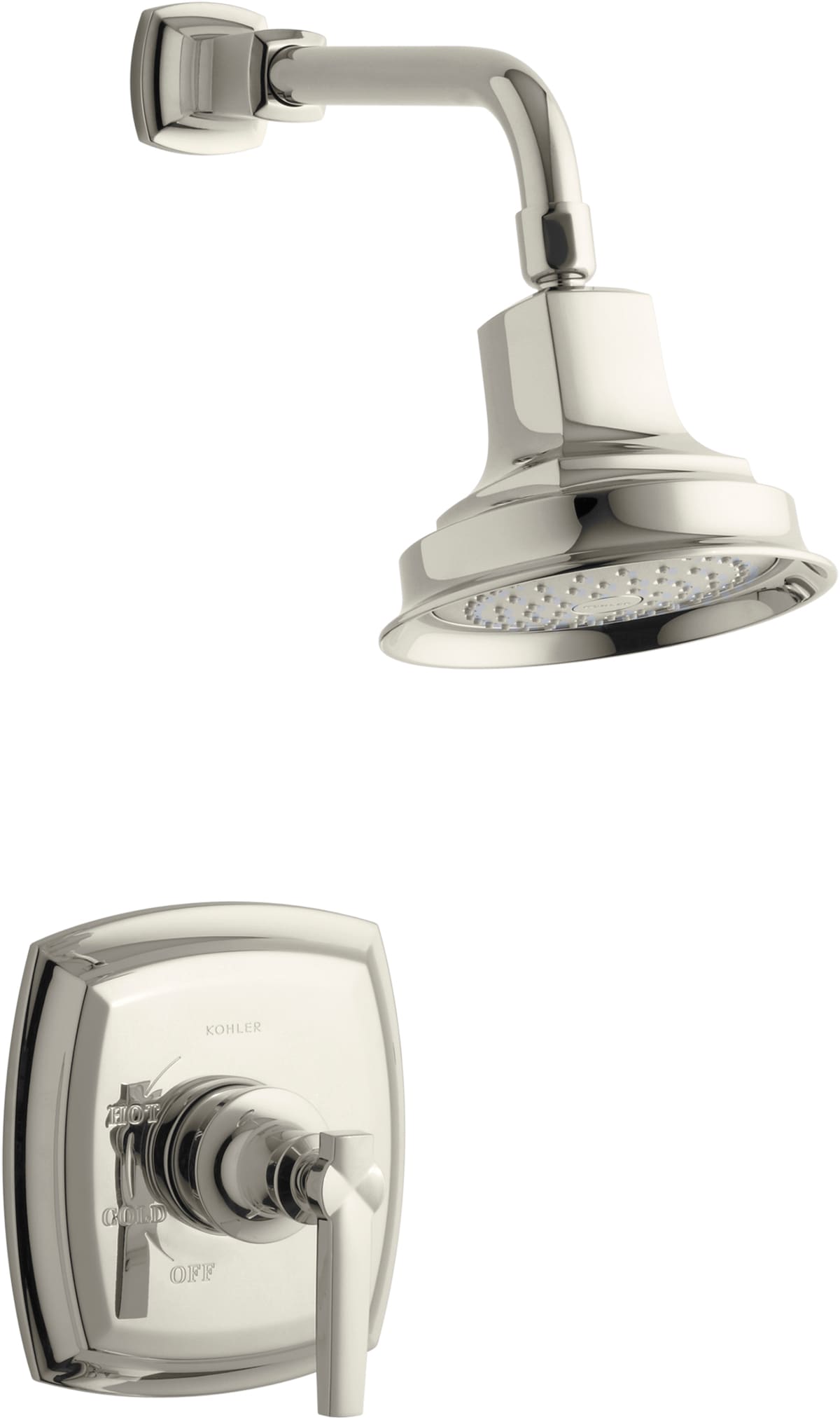 Regadera redonda de 6.5 pulgadas con un mango y acabado niquelado brillante para ducha Margaux Vibrant de KOHLER.