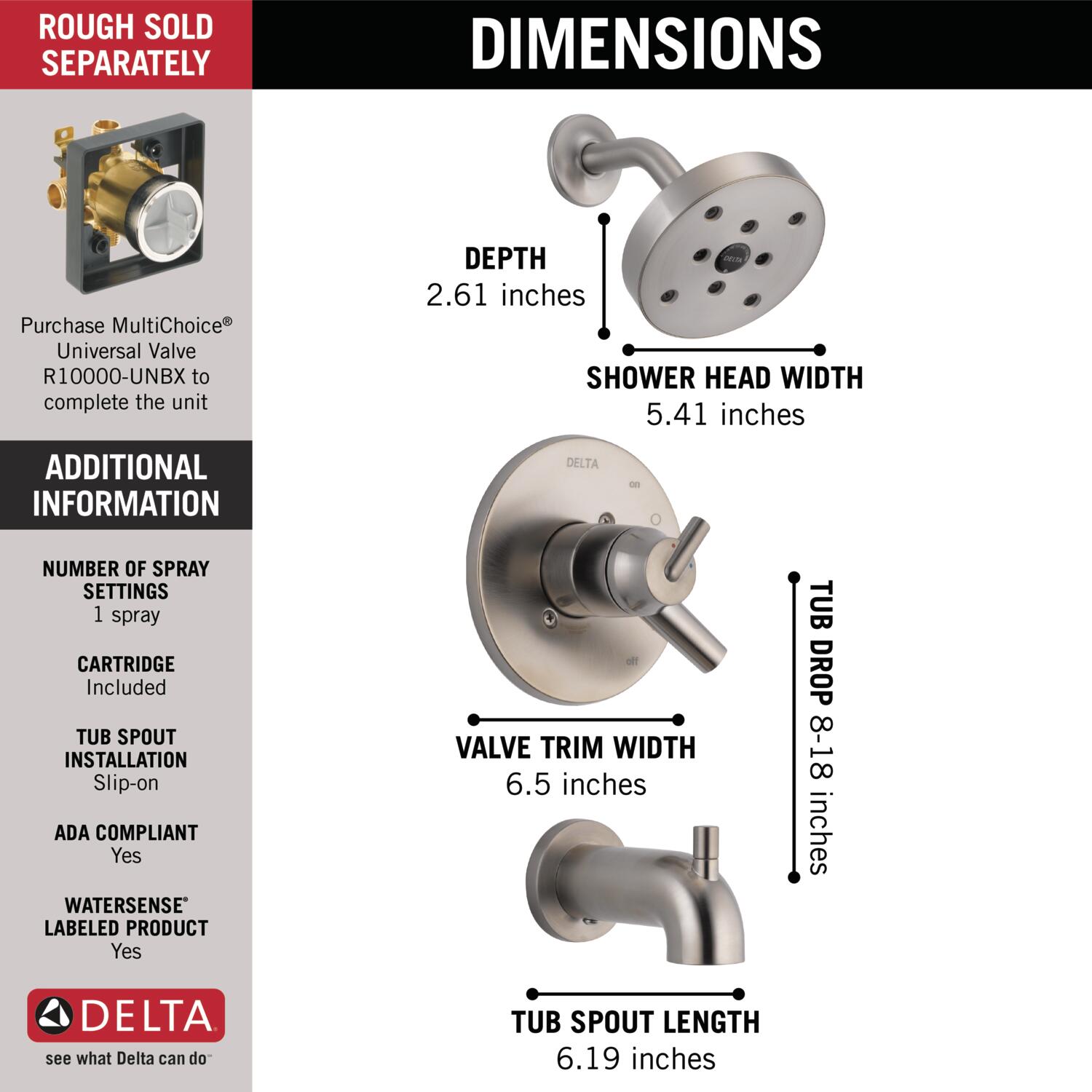 Grifo de bañera y ducha redondo de acero inoxidable de 2 manijas y función única Trinsic de Delta de 5.4 pulgadas T17459-SS