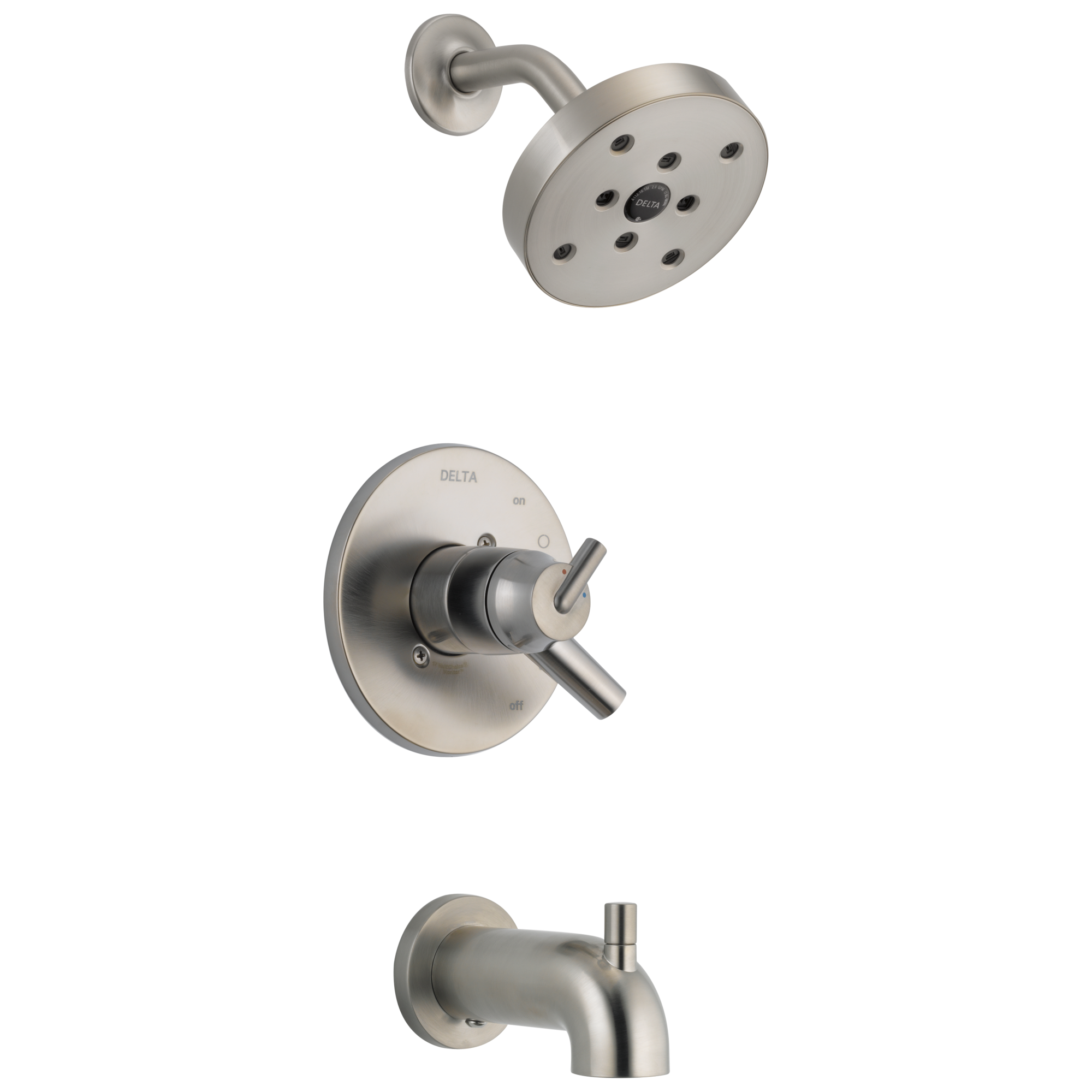 Grifo de bañera y ducha redondo de acero inoxidable de 2 manijas y función única Trinsic de Delta de 5.4 pulgadas T17459-SS