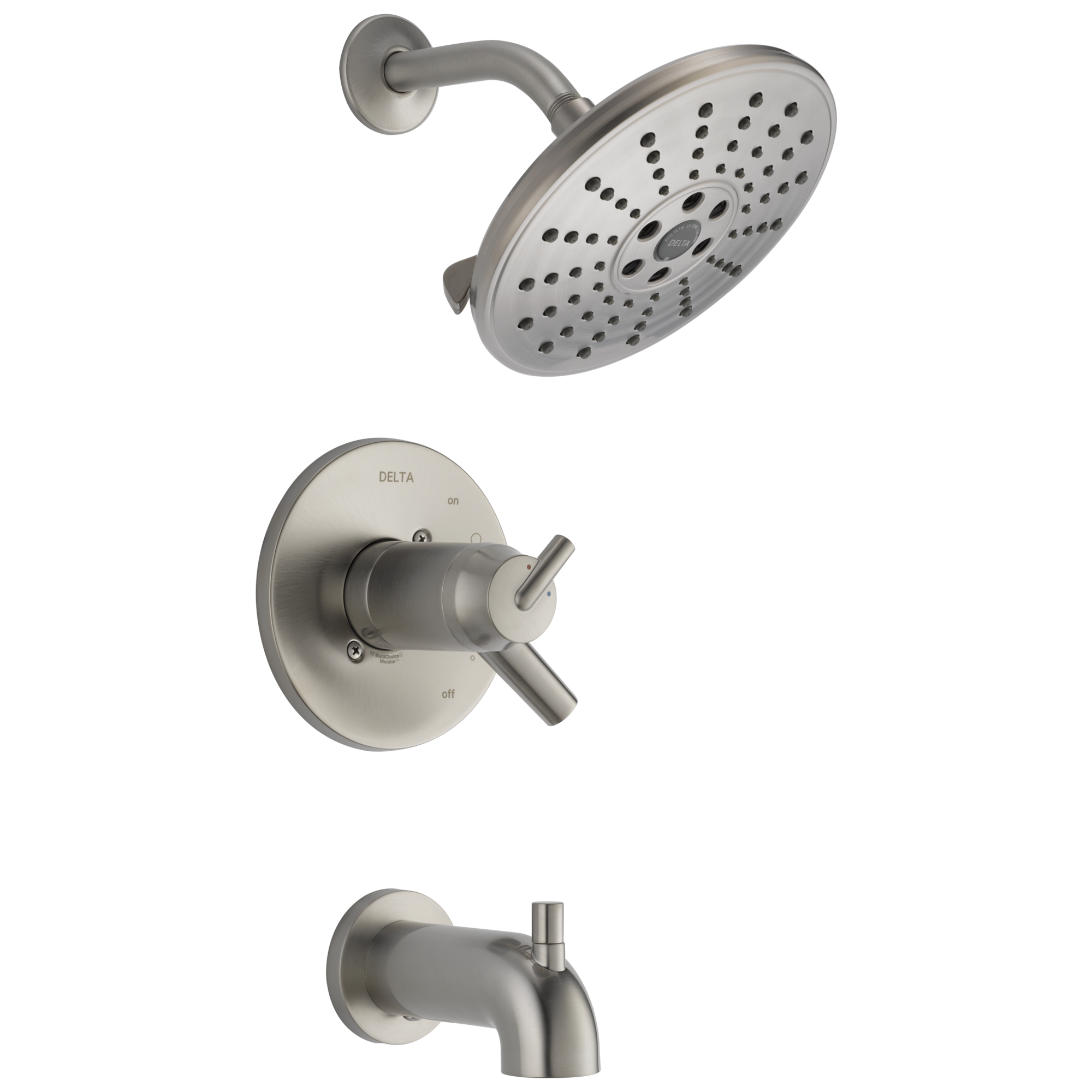 Grifo para bañera y regadera redonda de 7.6250 pulgadas de acero inoxidable de dos manijas y función única Trinsic de Delta con válvula.