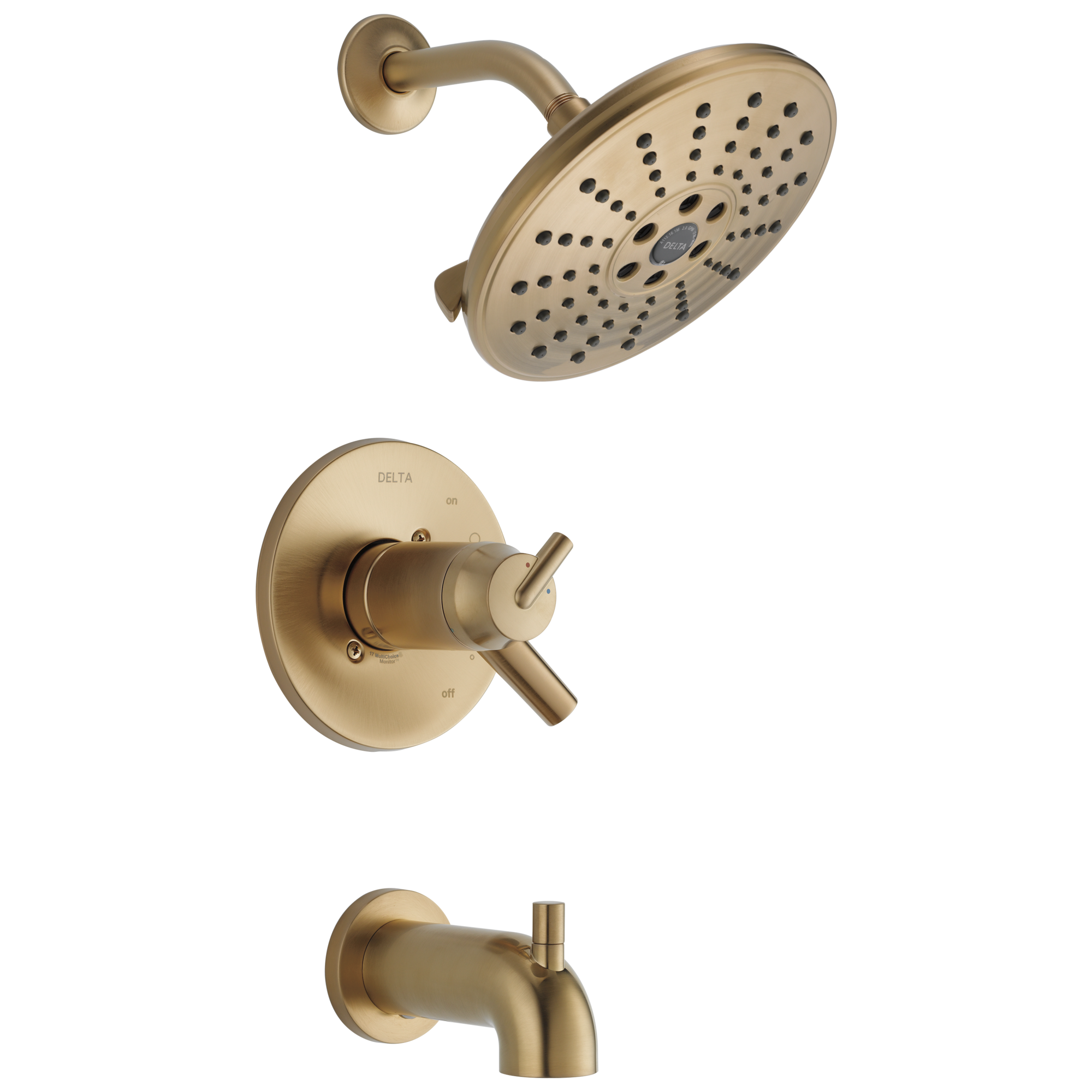 Grifo de bañera y ducha redondo de 7.6250 pulgadas con 2 manijas en color bronce champán Delta Trinsic T17T459-CZH2O.