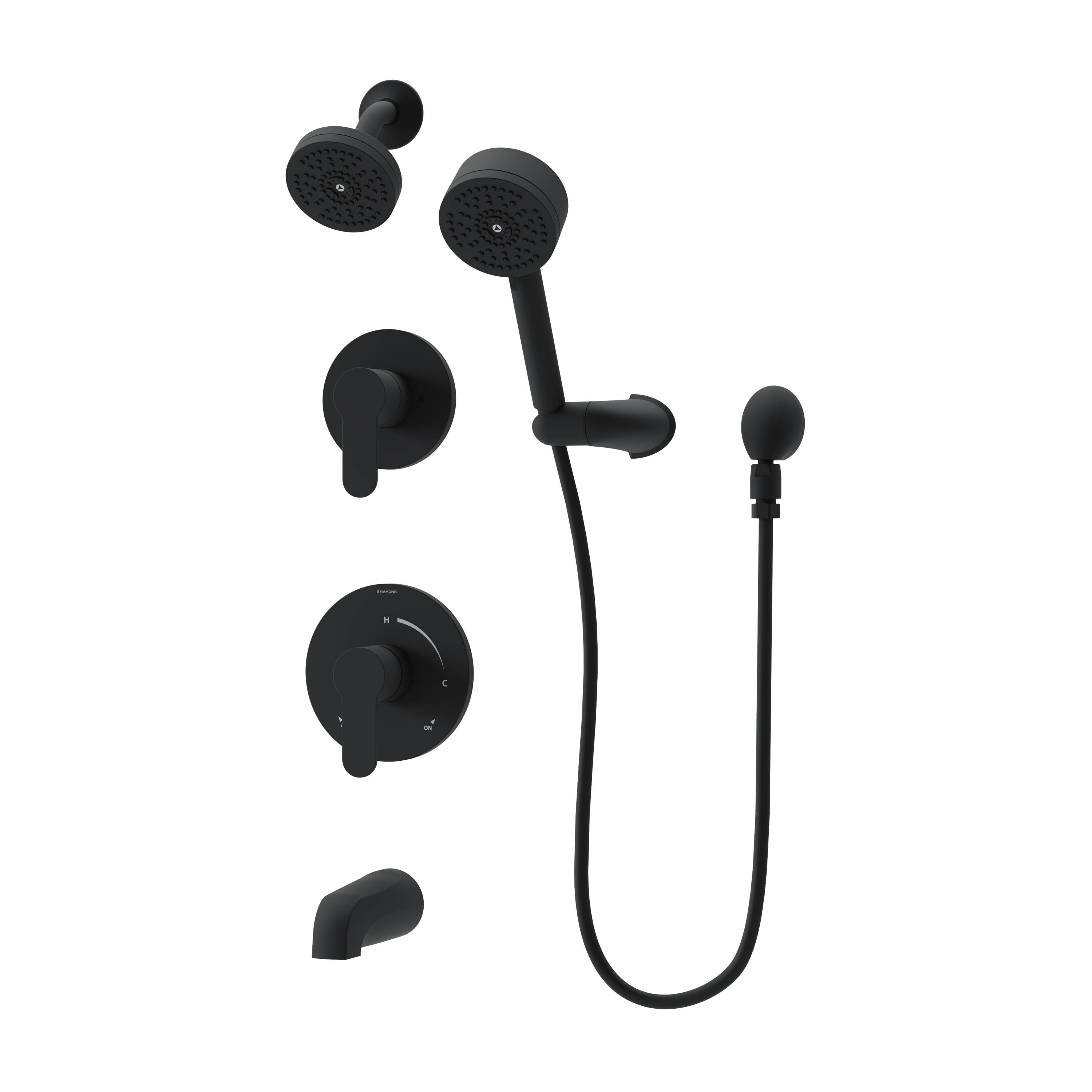 Grifo para bañera y regadera redonda de 3.94 pulgadas en negro mate con 2 manijas y función única, modelo Identidad Symmons 6796MB15TRM