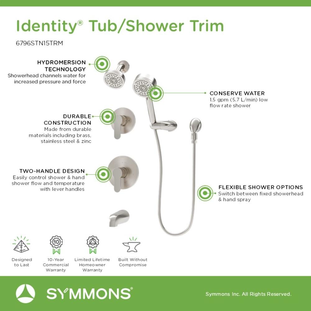 Grifería para bañera y ducha redonda de 3.94 pulgadas, satinada, de dos manijas y función única Identity de Symmons.
