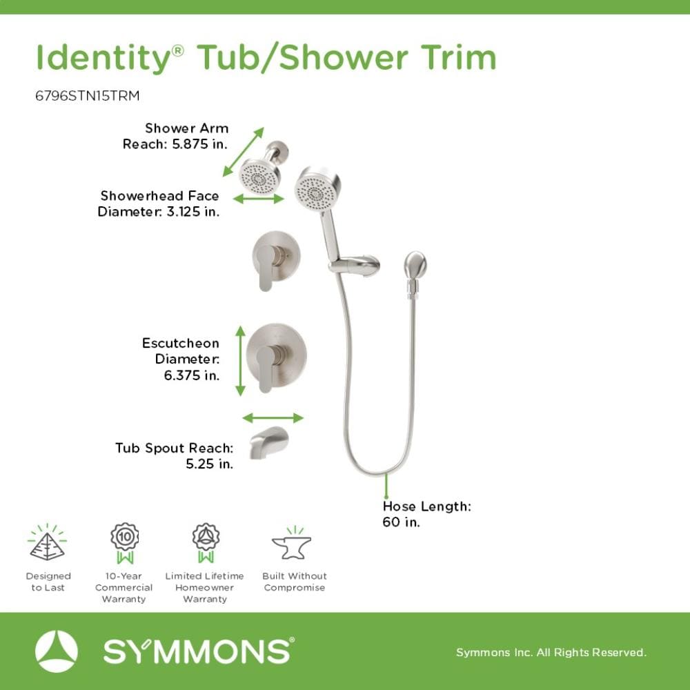 Grifería para bañera y ducha redonda de 3.94 pulgadas, satinada, de dos manijas y función única Identity de Symmons.